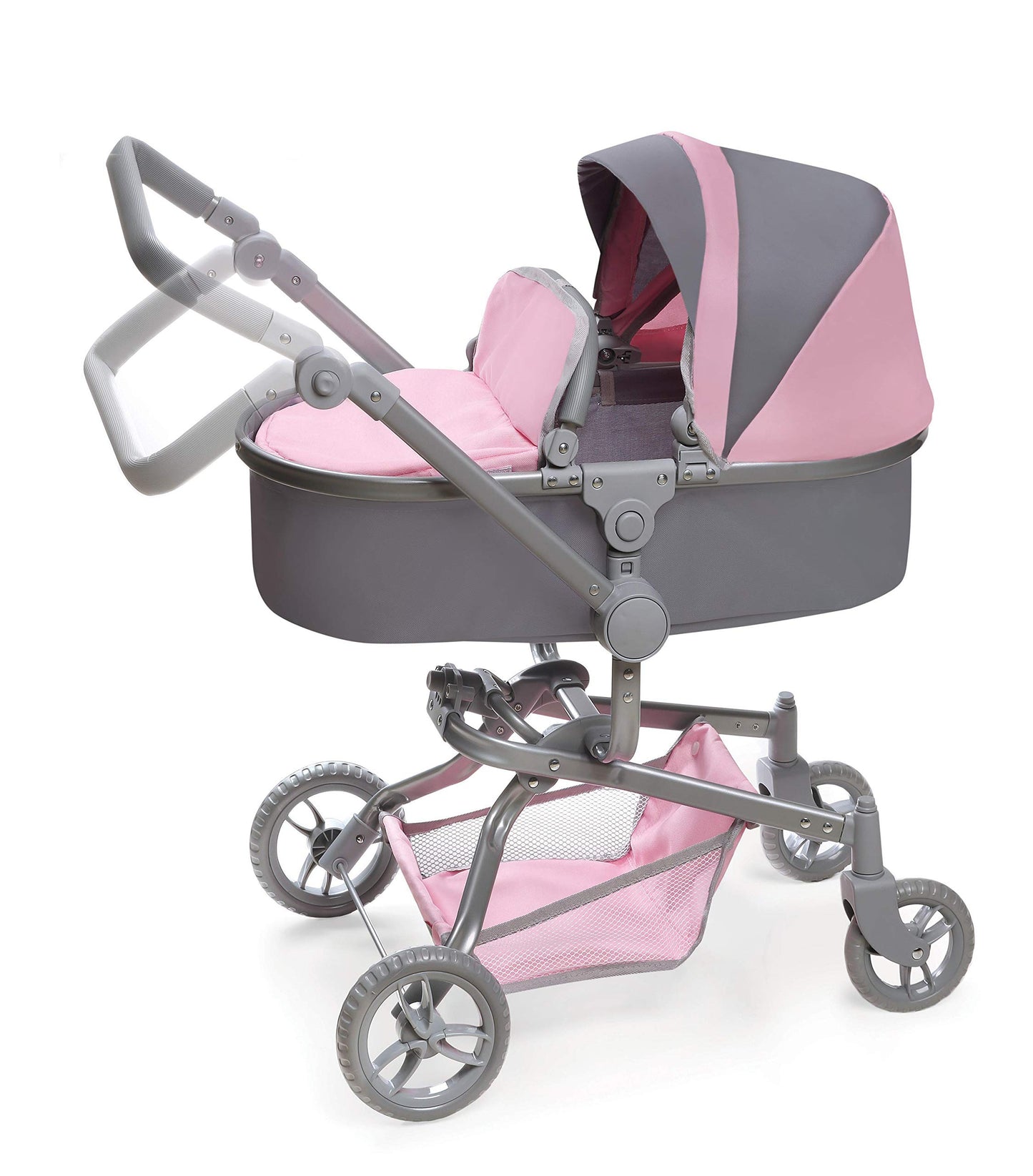 Badger Basket Foldable Doll Stroller & Pram for Dolls - Convertible Toy with Canopy, Basket & Soft Handle - Lightweight, Easy to Use for Girls Ages 3+- Gray/Pink