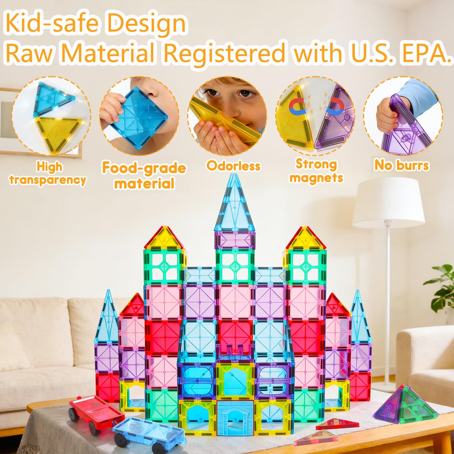 HAPPYMATY Upgraded Antibacterial Magnetic Tiles - 106 PCS Magnet Building Tiles with 2 Cars for Kids, Inhibits Bacterial Growth for Safe Play, 3D STEM Educational Construction Blocks & Xmas Gift