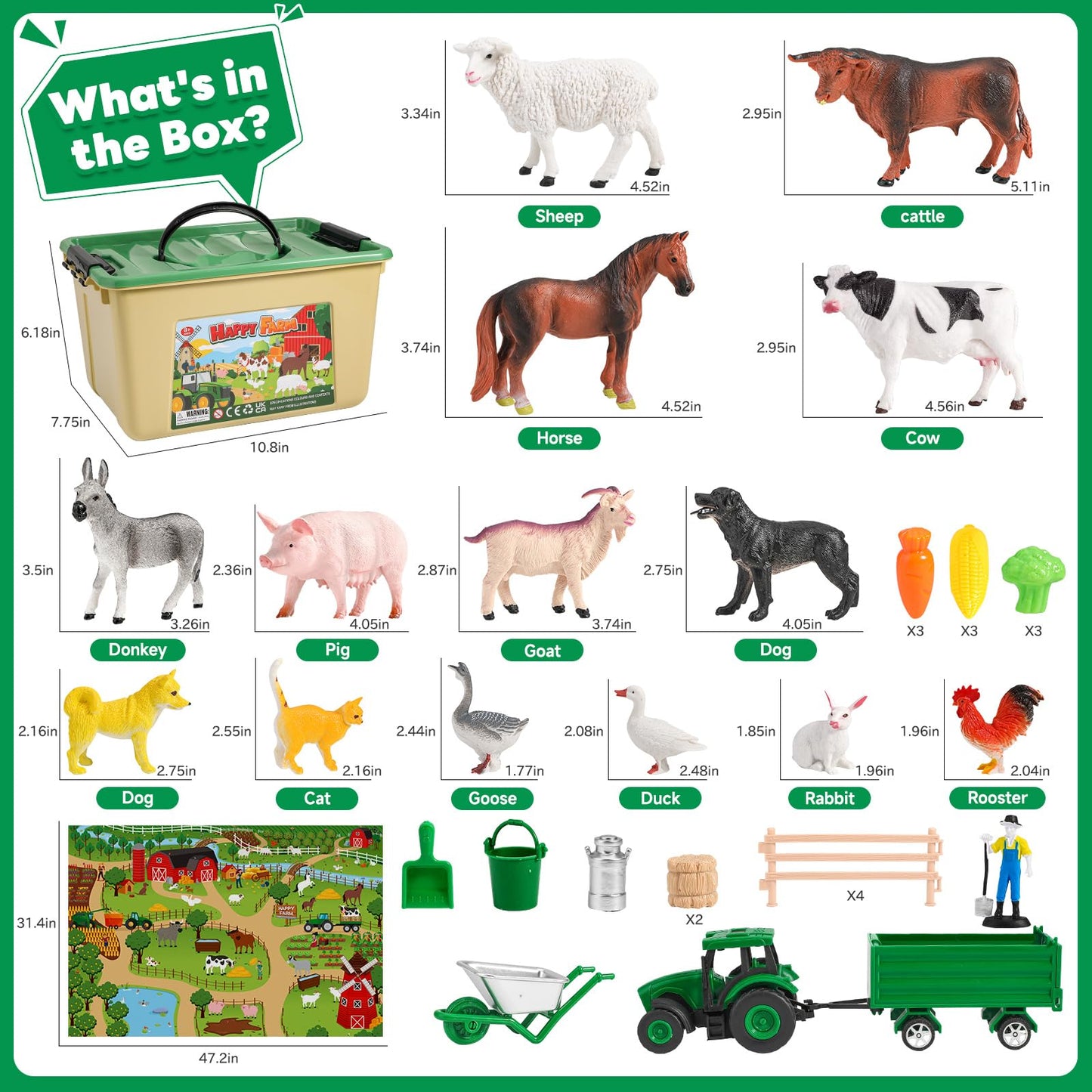 WAIIW Farm Animal Toys for Toddlers,38 PCS Realistic Animal Figurines Toys with 47.2”x31.4” Large Activity Play Mat and Tractor Toy,Farm Playset Educational Learning Toy for Toddlers Kids 3-5