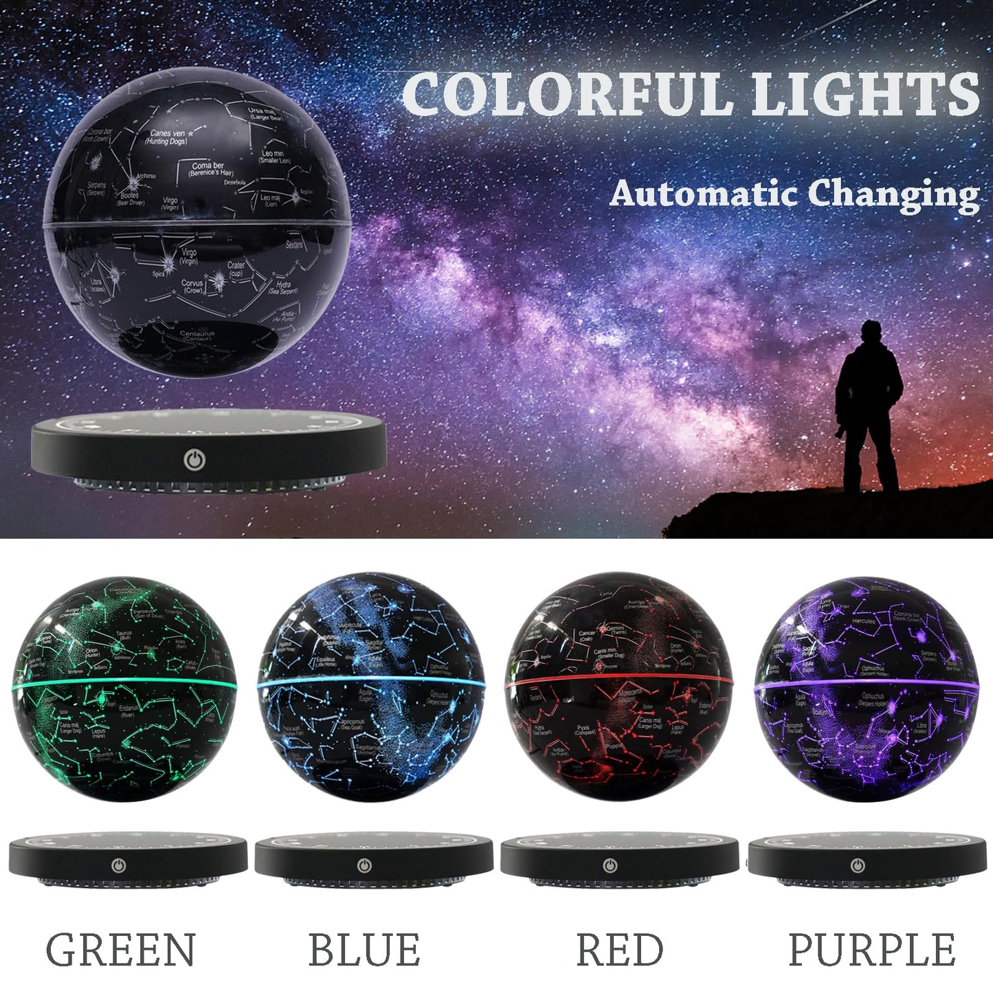 WUPYI Levitating Globe Magnetic Floating Globe Night Light Constellation Ball with LED Light Display Cool Tech Children Educational Gift Home Office Desk Decor (Black-Clock Base)
