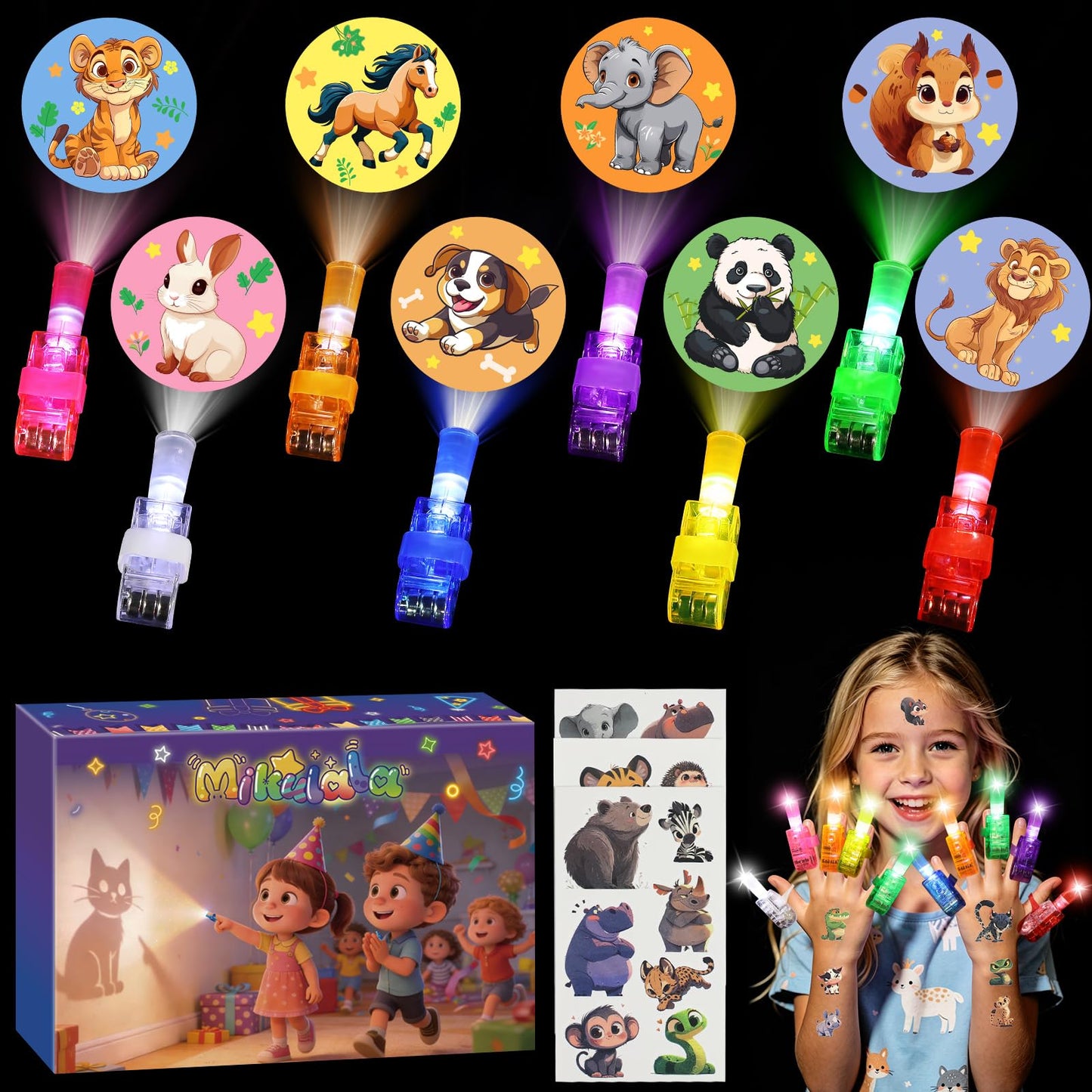 Mikulala 50 Pack Animal Party Favors, 40 Pcs Animal LED Finger Lights & 10 Pcs Temporary Tattoos, Birthday Gifts Goodie Bag Stuffers, Glow in The Dark Toys Bulk Classroom Prizes Party Supplies