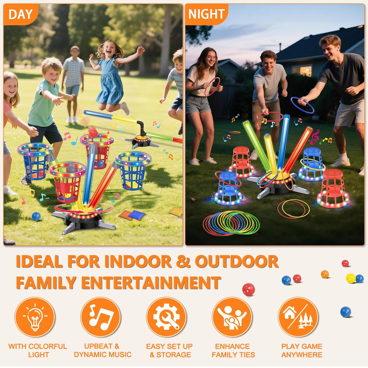 TERRAMUS 3 in 1 Bean Bag Ring Toss Game for Kids, Rechargeable Musical Jumping Games w/LED Light & Remote, Electric Spinning Base, Sandbags, Rings, Carnival Indoor Outdoor Sport Toy for 3+ Boys Girls