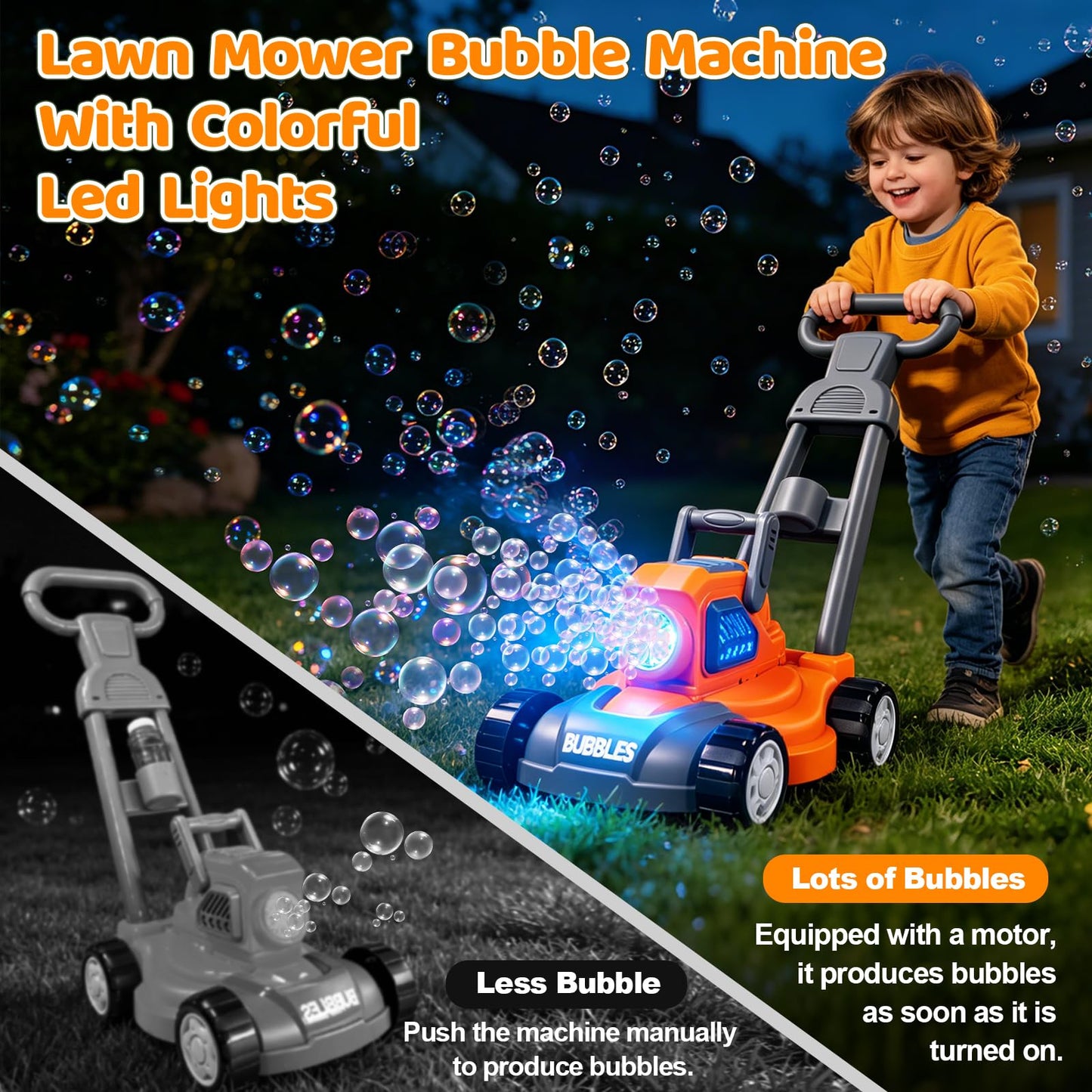 juman Bubble Lawn Mower for Kids, 3in1 Electric Bubble Machine with 10 Bubble Solution, Summer Outdoor Toddler Toys Bubble Blower with Lights, Party Birthday Gift for Boys Girls 3 4 5 6 7 8 Year