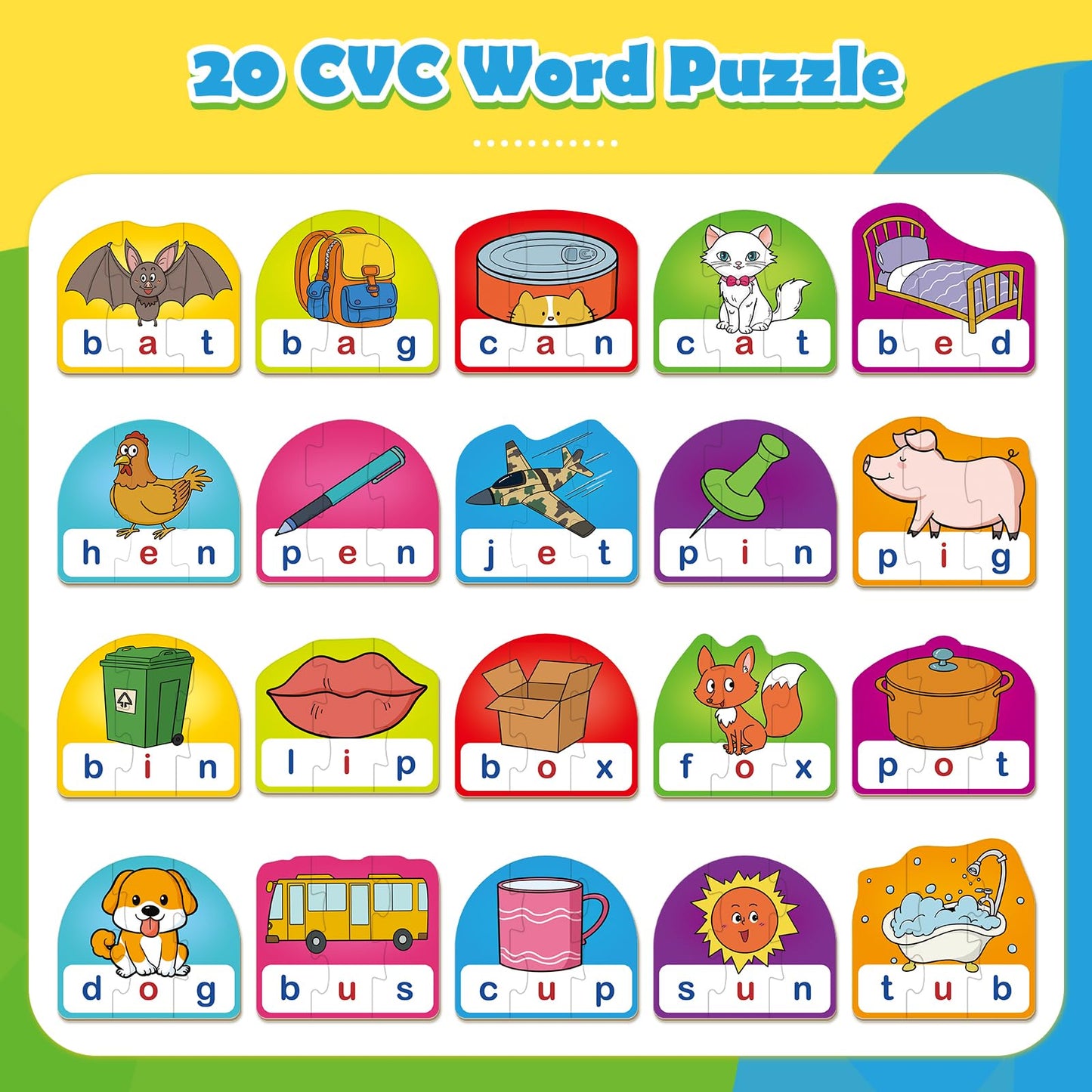 HugHush CVC Puzzle Cards for Kids, Toddler Speech Therapy Toys, 3 Letter Word Puzzle, Reading Spelling Game, Preschool Classroom Must Have