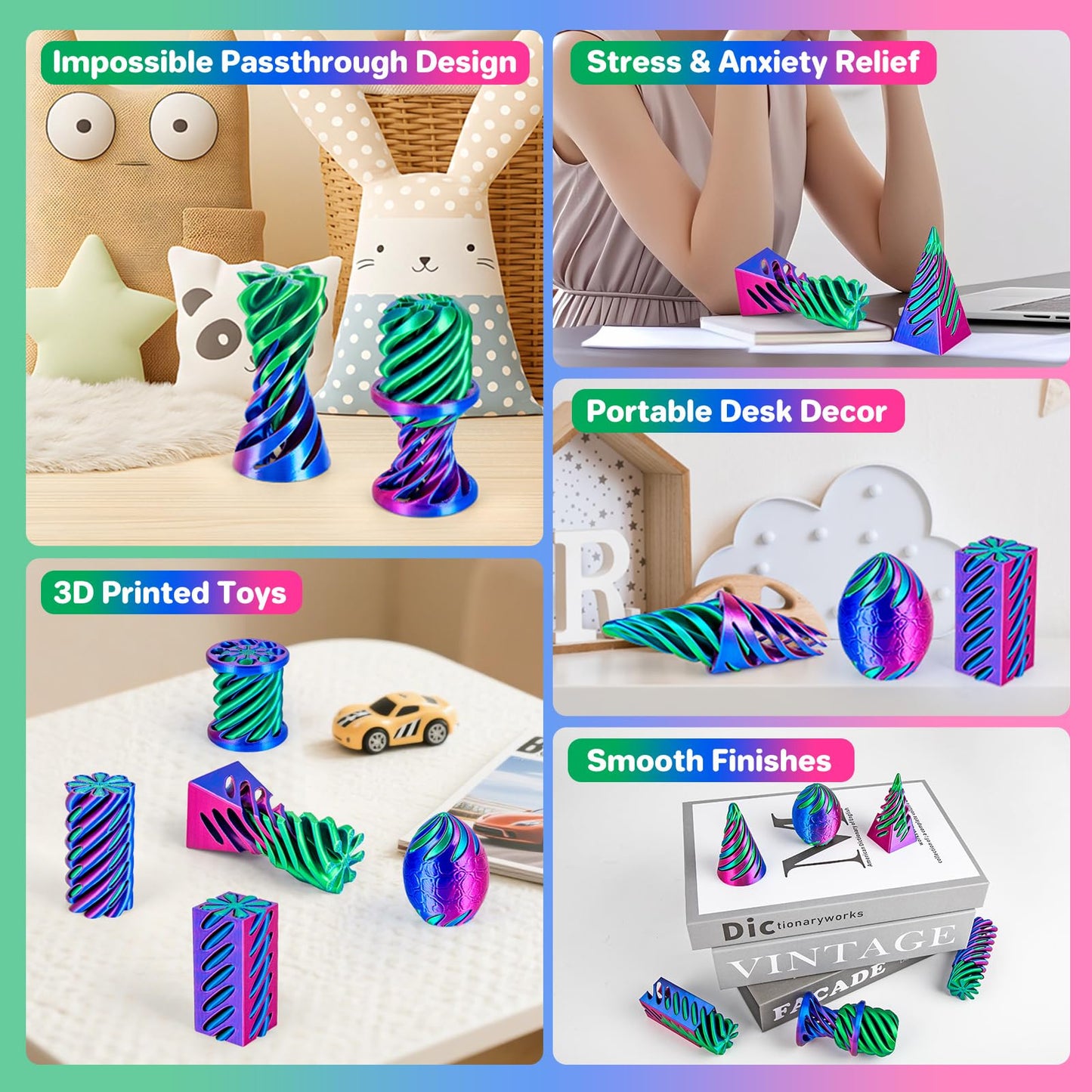 dikale 6 Packs Spiral Cone 3D Printed Fidget Toy Set, Flexible Impossible Cone Pyramid Passthrough Toys for Stress Relief, Fun Desk Deco Relaxing Gift for Kids Adults, Rose Red+Blue+Green
