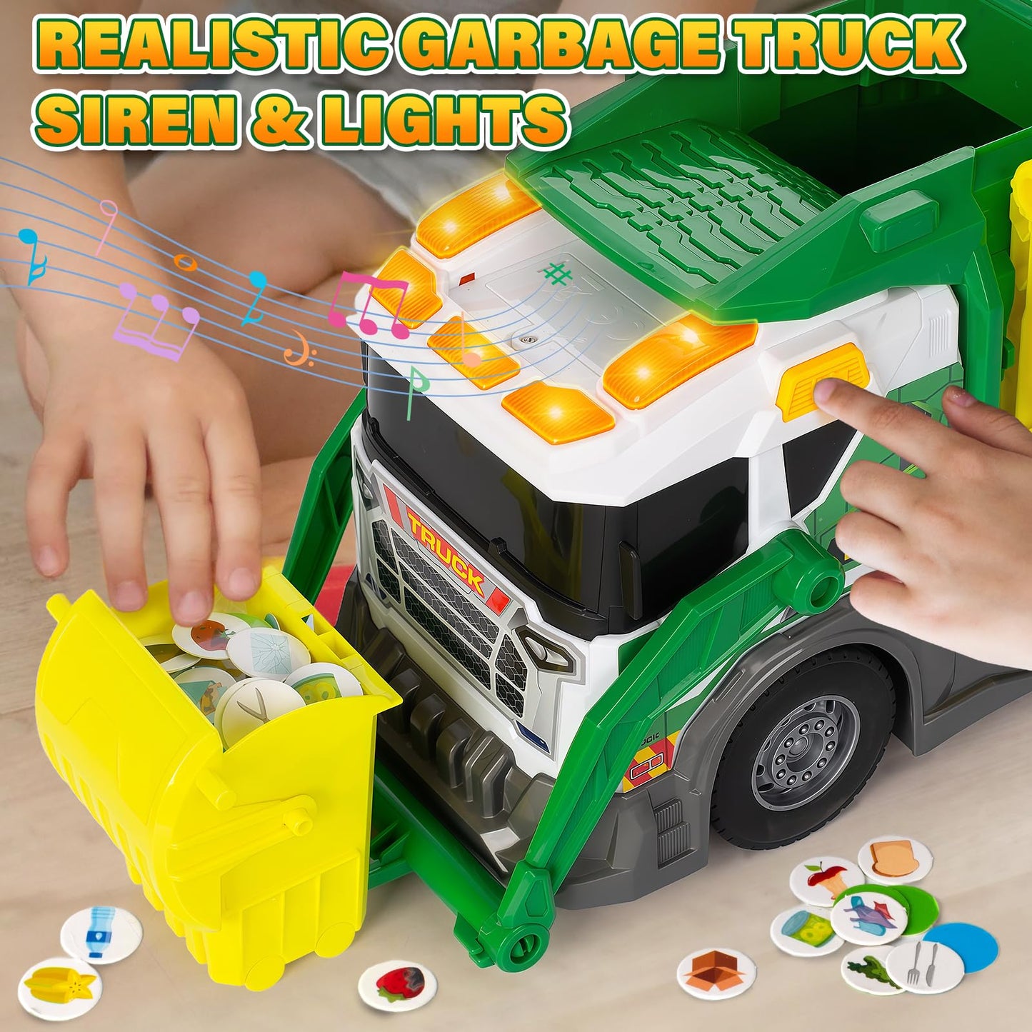 Large Garbage Truck Toy Set for Boys Ages 3 4 5 6 7 8, Kids Trash Truck with Sound, Light, Dumpster, Trash Bins and Learning Cards, Friction Powered Garbage Trucks Christmas Birthday Gifts for Toddler
