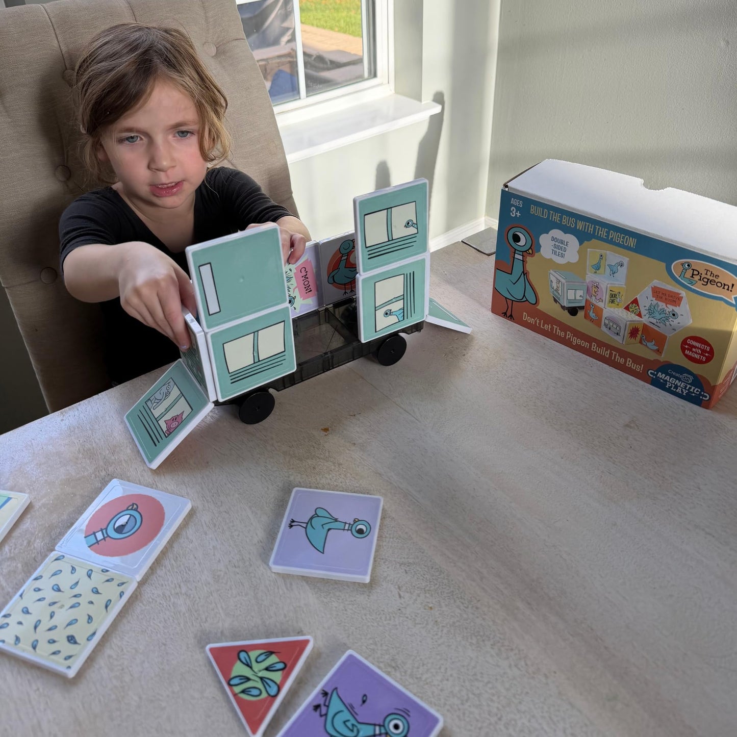 CreateOn Mo Willems - Don't Let the Pigeon Drive the Bus Magnetic Tiles, Magnetic Toy, Travel Toys, Classroom Sensory Toy Blocks, STEM & Montessori Tools for Boys & Girls Ages 3+ (16 Pieces)