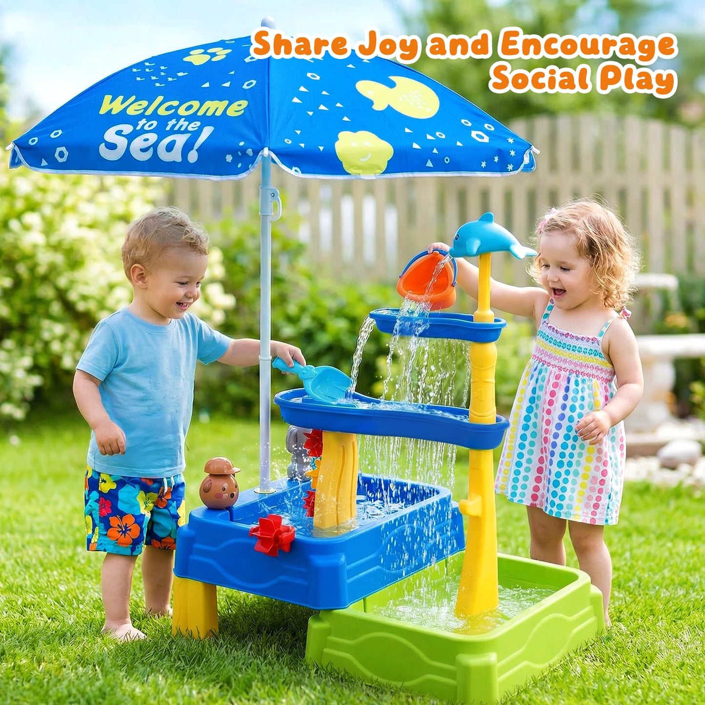 MUGEYMYD Water Table for Toddlers 3-5, Rain Showers Splash Pond Sensory Sand Playset with Umbrella, 16 PCS Accessories, Outdoor Summer Toy for Boys and Girls.