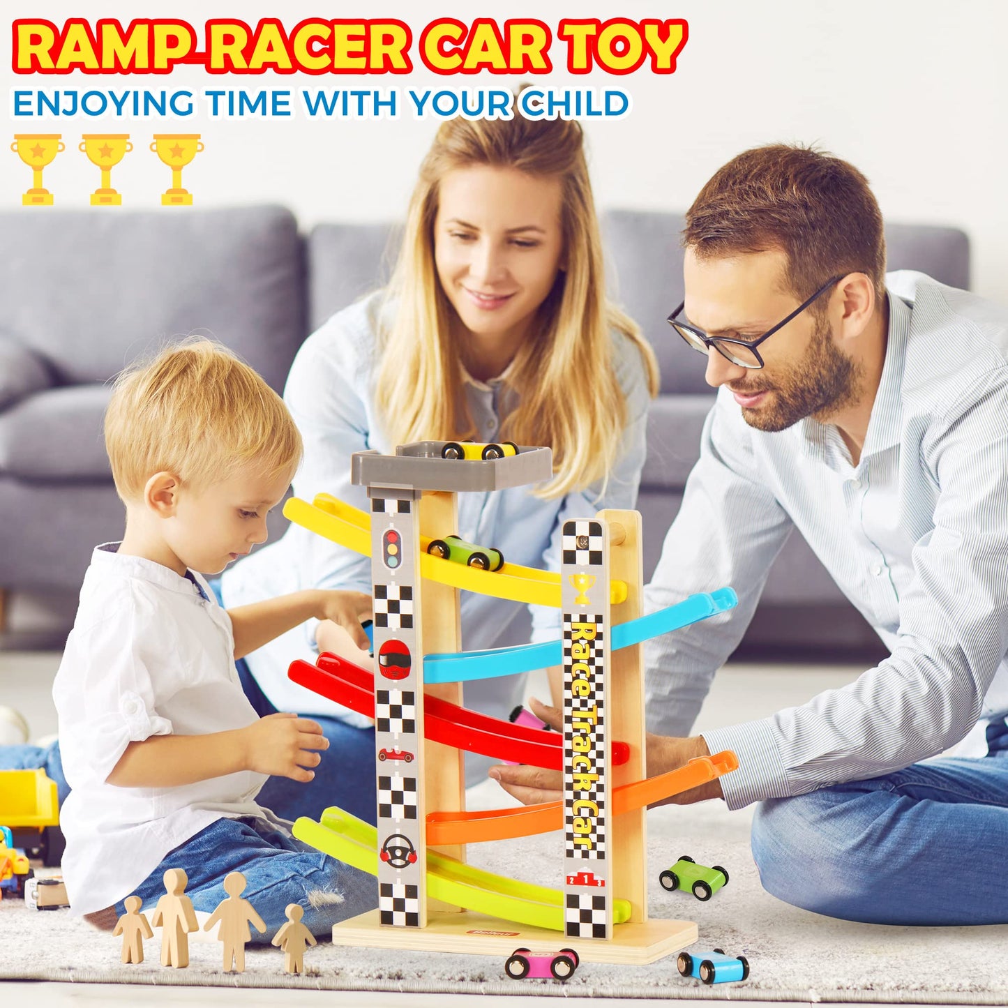 Belleur Montessori Toy for 1-3 Years Old Boys and Girls, Kid Race Track Car for Toddlers with 5 Mini Cars & 5 Ramps, Wooden Montessori Car Ramp Toy Set for Babies' Birthday Gifts, Visit Gifts