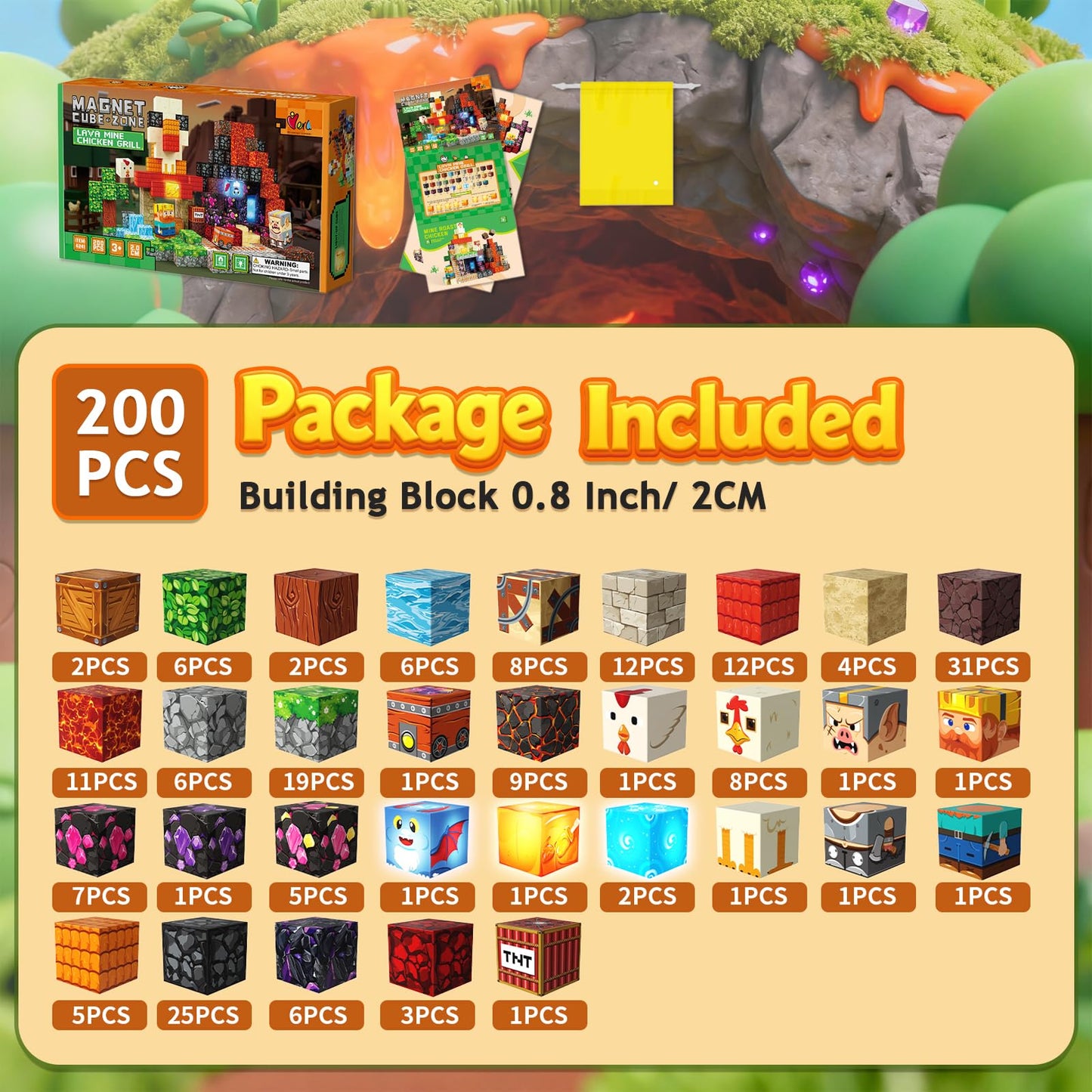 Laoren 200PCS Magnetic Building Blocks Magnetic Blocks Cubes for Kids Ages 4-8 STEM Constructions Magnet Blocks Sensory Stacking Toy (Lava Grill Chicken-200pcs)