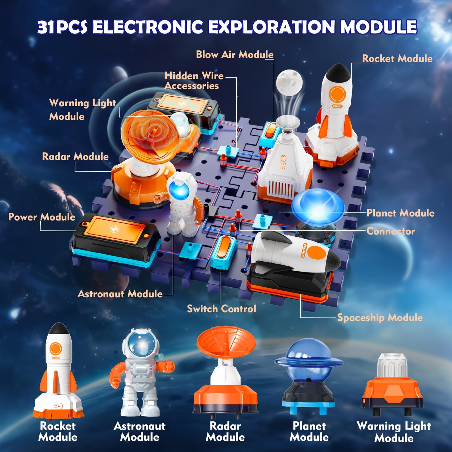 VATOS Space Science Circuit Kits for Kids - 31PCS Electronics Exploration STEM Kit with 100+ Projects, Rocket Launcher & Light Up Astronaut | Educational Learning Toy Gift for Boys Girls Ages 6+