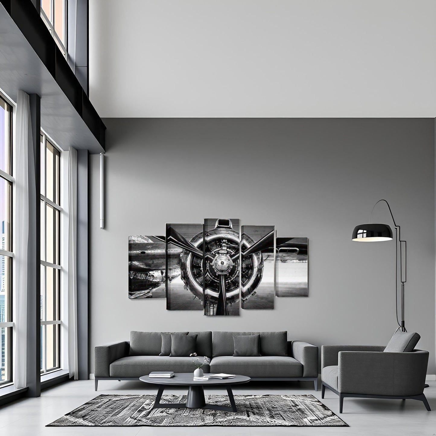 Nachic Wall Large 5 Panel Black and White Airplane Canvas Wall Art Aviation Aircraft Propeller Canvas Prints Pictures Plane Engine Poster Artwork Office Home Decoration (Black)