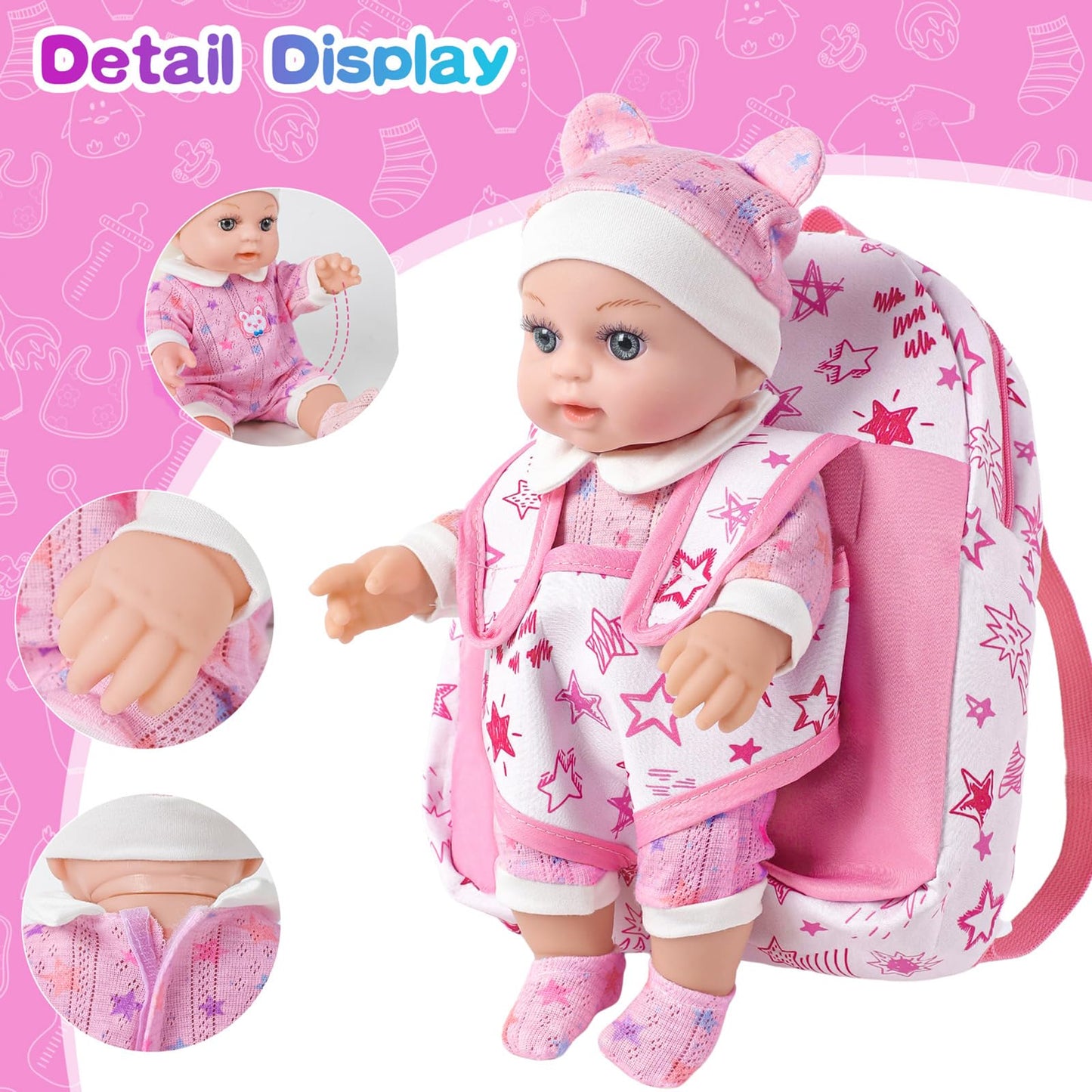BDDOLL 12" Baby Doll in Gift Box with Pink Backpack, Cloths, Feeding Bottle and Pacifier, First Baby Dolls for Toddlers 3 Years and Up