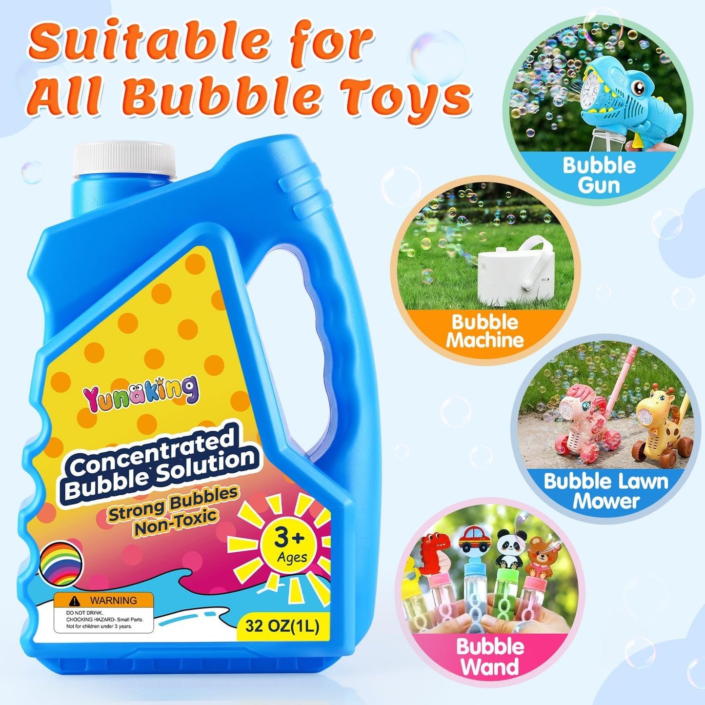Yunaking Bubbles Solution Concentrated 64oz (Makes 5 Gallons), Non-Toxic Bubbles Refills for Bubble Machine, Gun, Wand, Mower, Giant Bubble Toys for Kids Parties Outdoor Easter Wedding(Red+Blue)