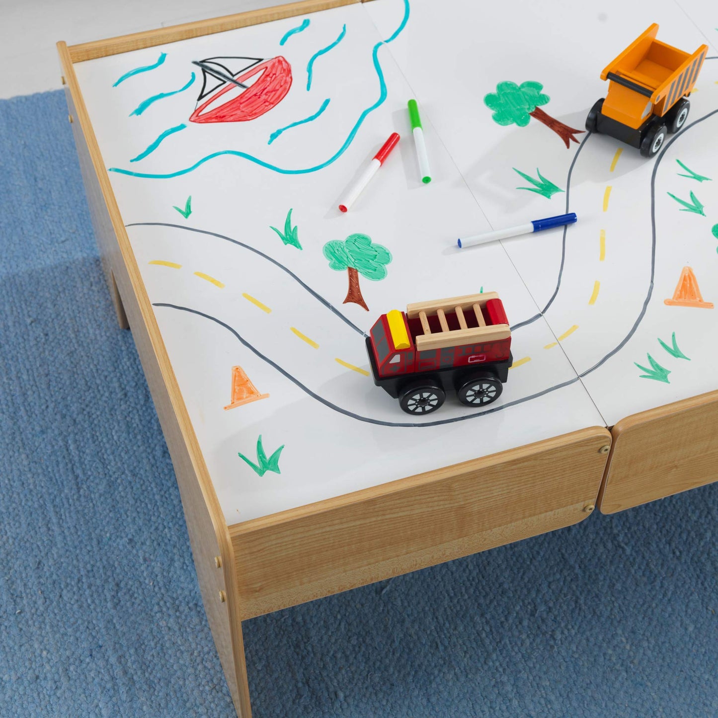 KidKraft Double-Sided Wooden Train and Activity Table with Built-in Storage Drawer, Natural, Gift for Ages 3+