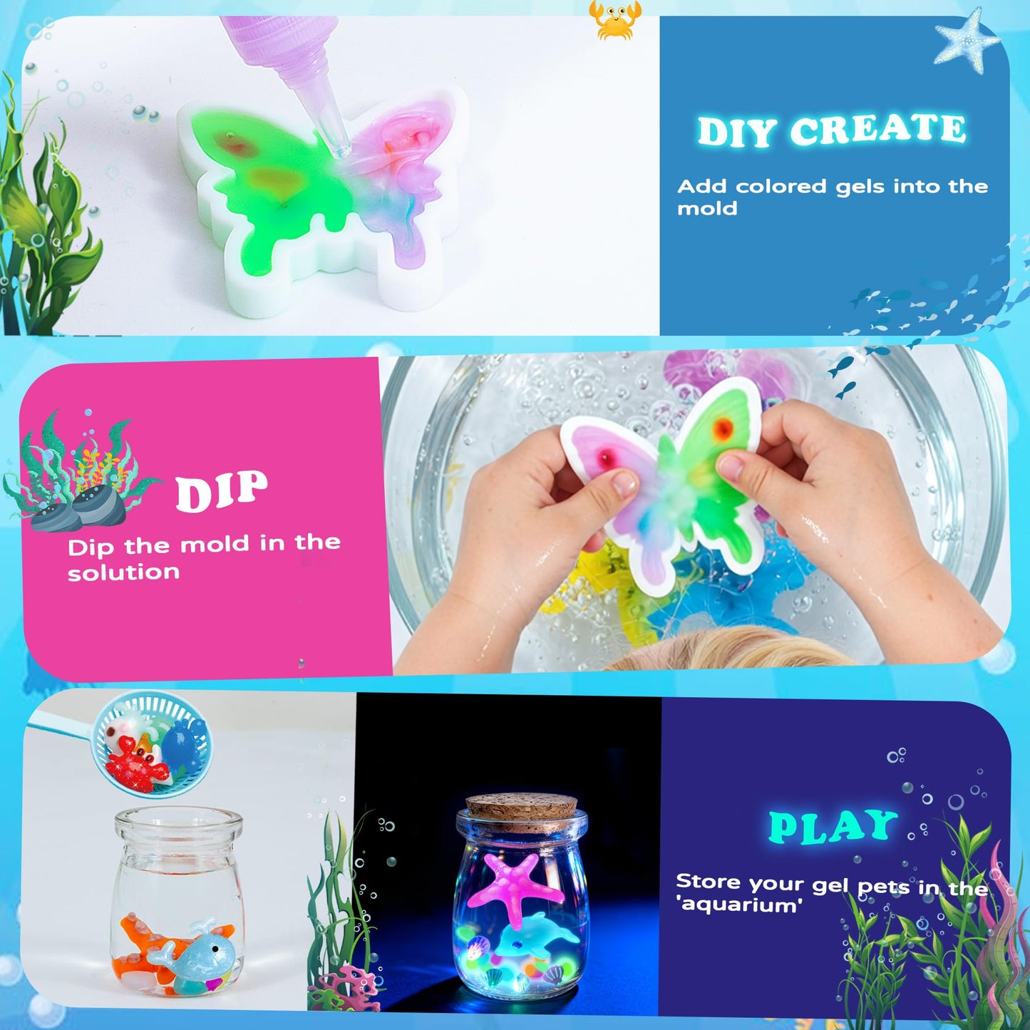 Craft Spot! 116PCS Magic Glow in The Dark Water Fairy Gel Toy, Create 150+ Sea Animals with 18 Molds & 100ml Gels, DIY Sensory STEM Science Kit, Creative Christmas Birthday Gift for Kids Girls & Boys