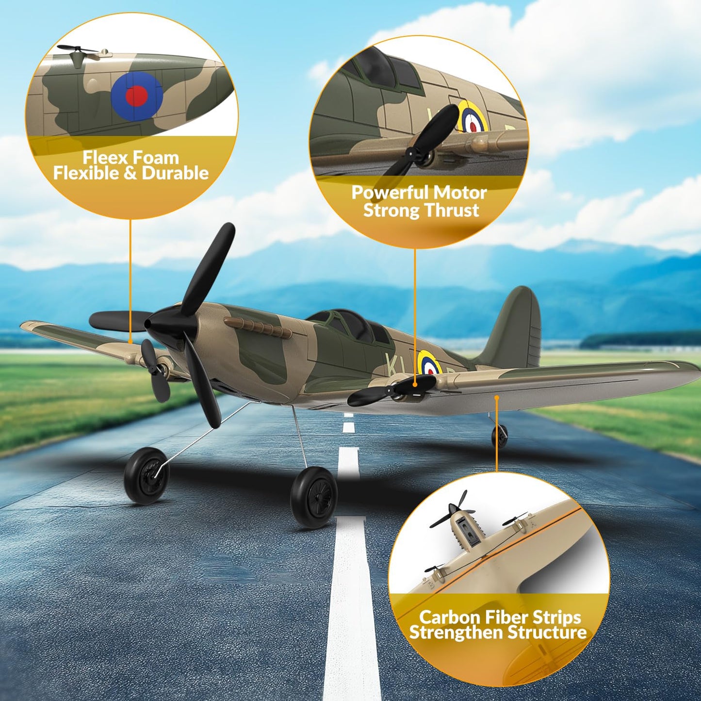 volantexrc RC Plane 3 Channel Remote Control Plane Fighter Spitfire with 6-axis Gyro, 2.4GHz RTF Radio Controlled Aircraft Easy to Fly for Beginners Adults (76205 RTF)