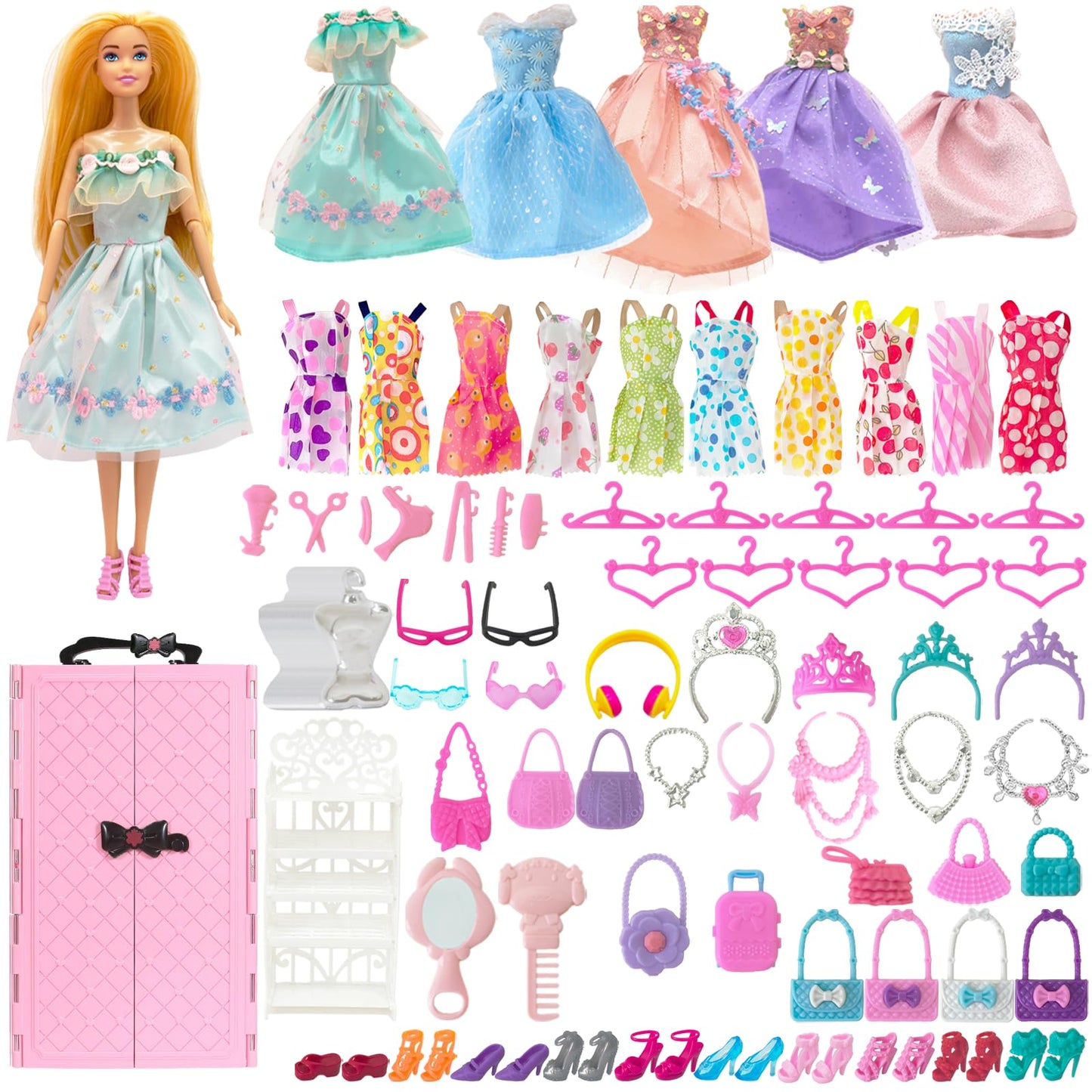 122 Pcs Doll Closet Playset with 11.5 Inch Dolls, Clothes and Accessories, Include Wardrobe Princess Dresses Shoes Bags Hangers Other Accessories, Dress Up Toys for Girls, Kids, Toddlers (Pink)