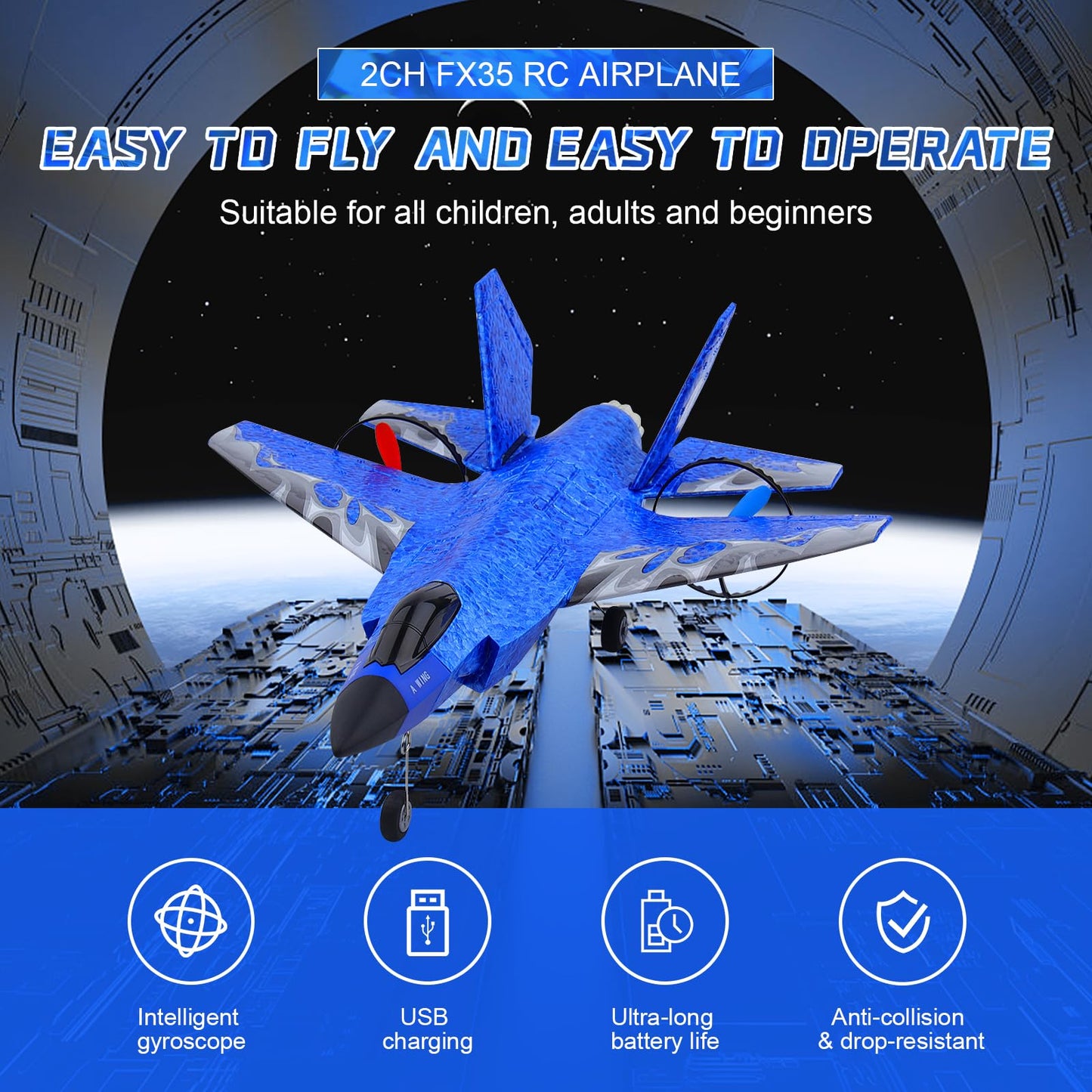 Beffkkip RC Plane 2CH RC Airplane Toys HW39 Fighter 2.4GHz Remote Control Plane RTF for Beginner, Kids and Adults F35 Aeroplane with Night Lights USB Charging (Blue)