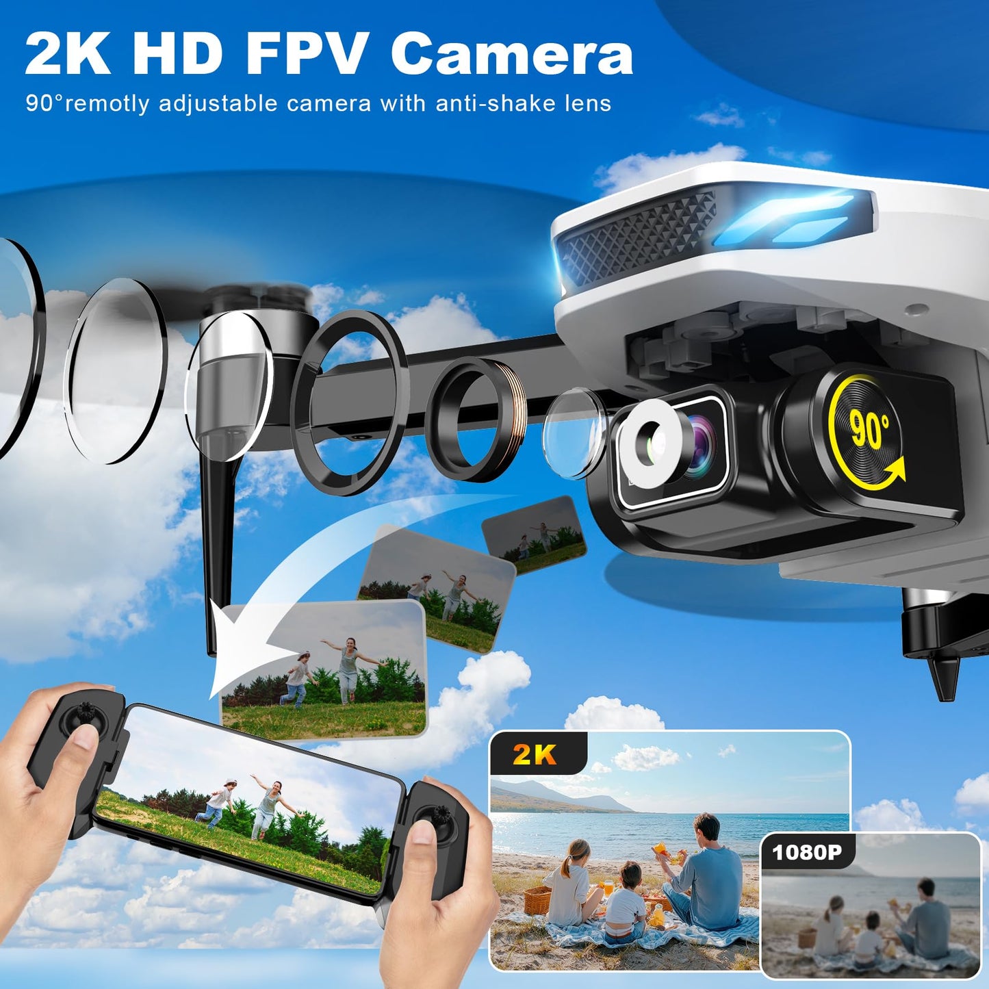 GPS Drone with Camera for Adults, 2K HD GPS Drones with Auto Return, Follow Me, Circle Fly, Waypoint Fly, Optical Flow, Brushless Motor, Foldable 5G Transmission FPV Quadcopter