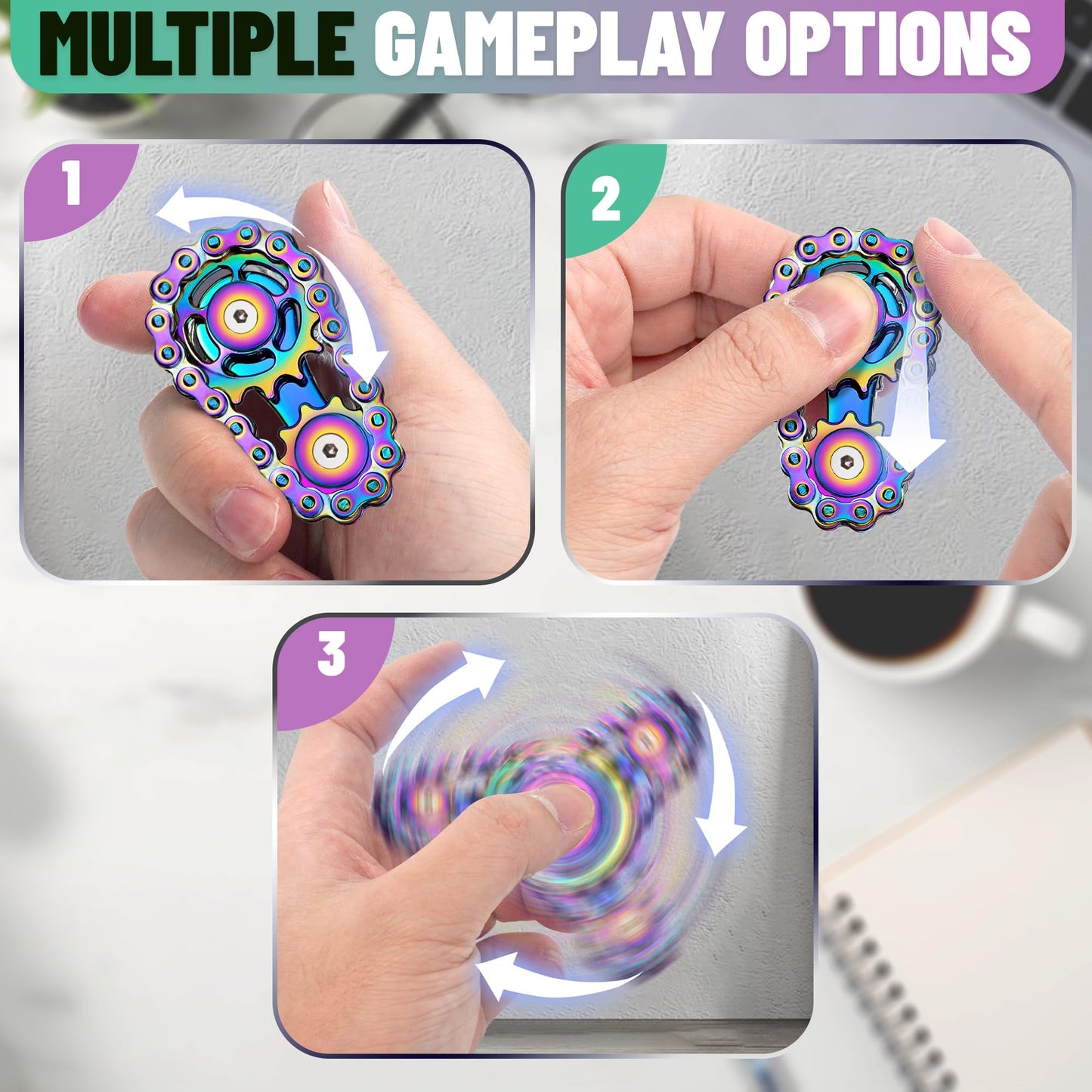 Metal Fidget Spinner Toys for Teens Boys Adults Bike Chain Roller Gadgets ADHD Figette Anxiety Stress Relief Items Quiet Figet Desk Offices EDC Men Easter Basket Stuffer - Rainbow+Blue