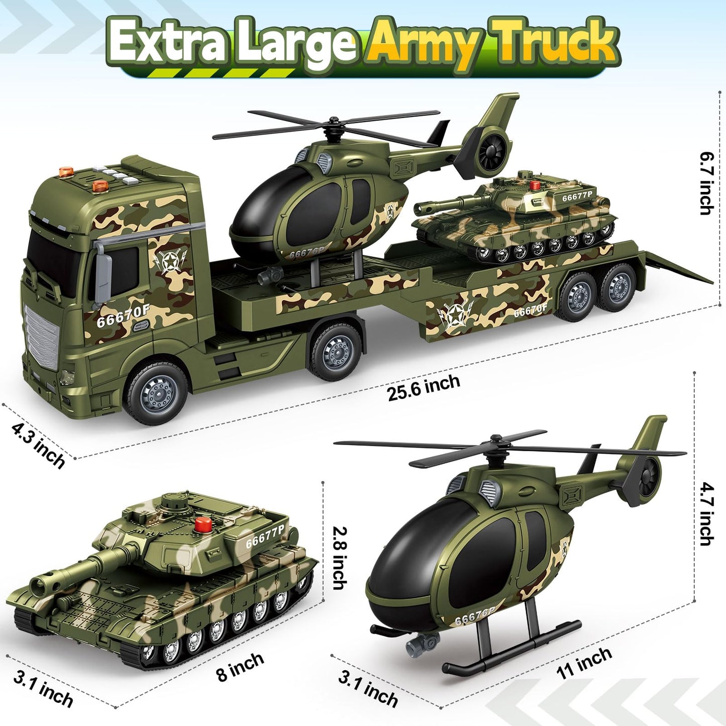 Bstoyder Toddler Boy Toys for 3 4 5 6 7 Years Kids, 25" Semi Army Truck Toy with Helicopters and Tank, Friction Powered Military Toys with Lights and Sounds, Birthday for Boy Girls