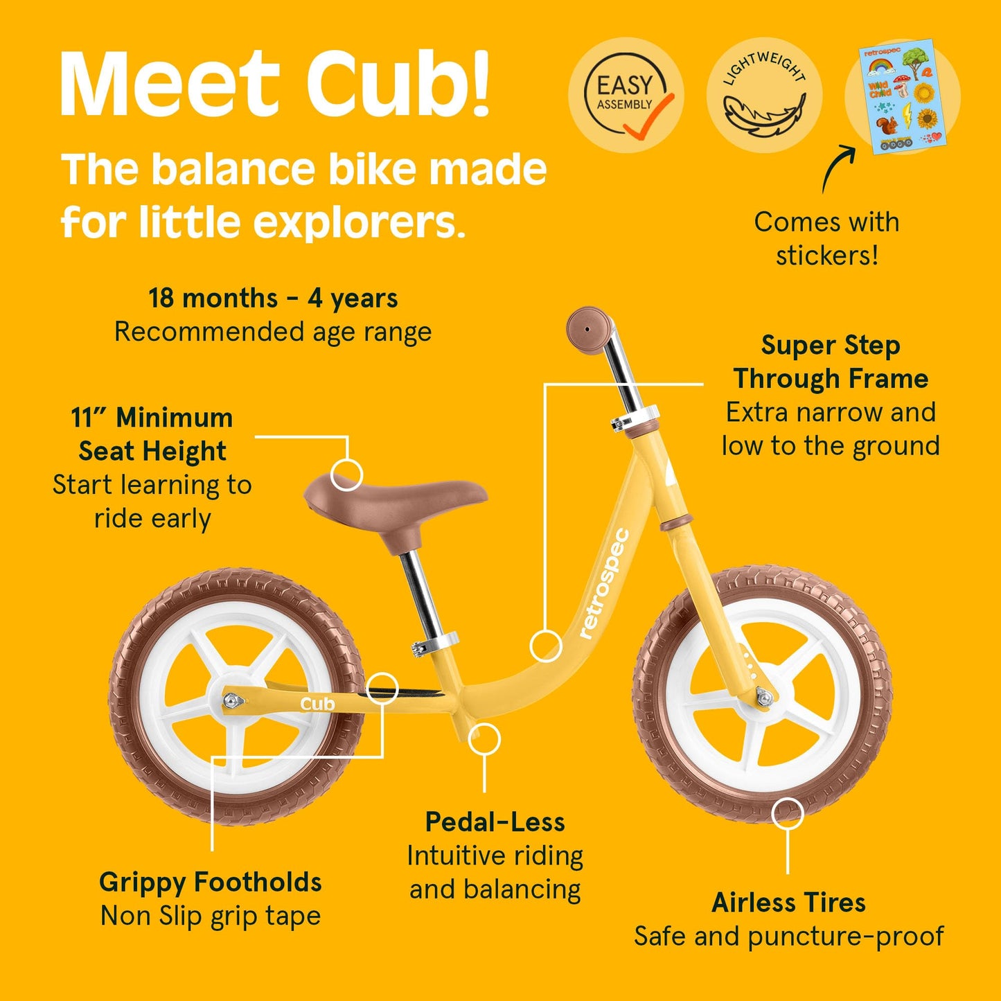 Retrospec Cub 2 Toddler 12" Balance Bike, 18 Months - 3 Years Old, No Pedal Beginner Kids Bicycle for Girls & Boys, Flat-Free Tires, Adjustable Seat, & Durable Frame