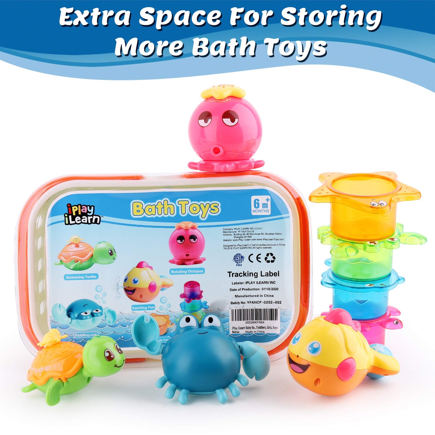 iPlay,iLearn Baby Bath Toys w/ Organizer, Infant Bathtub Shower Toy, Wind up Turtle, Water Squirt Octopus, Stacking Cup for Tub Pool, Birthday Gift 6 9 12 18 Month 1 2 3 Year Old Toddler Girl Boy Kid