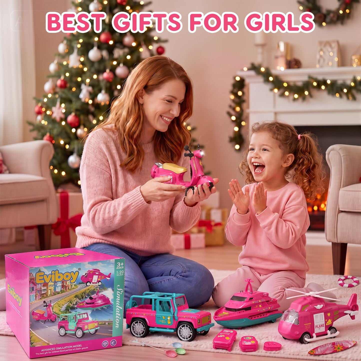 Eviboy 10-in-1 Car Toys Set, Battery-Powered Vehicle Toys with Lights & Sounds, Includes Off-Road Vehicle, Yacht, Motorcycle & Helicopter, Perfect Birthday for Girls Ages 3-6（Pink）