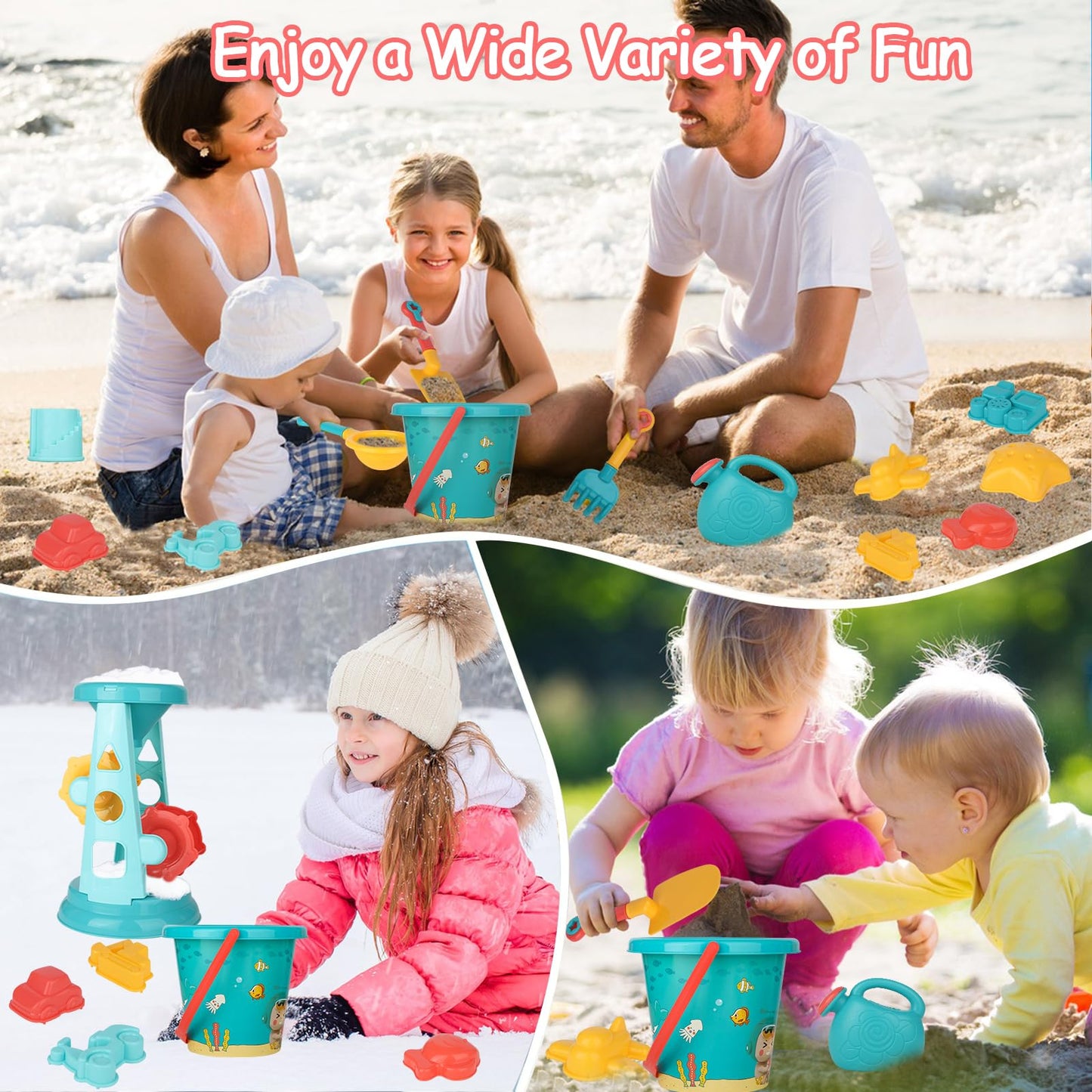 LUCKFUTURE Beach Toys, 25 Pcs Sand Toys Set for Kids Including Water Gun, Sifting Funnel, Bucket, Watering Can, Sand Molds & Mesh Beach Toy Bag, Sandbox Toys for Toddlers 3-12