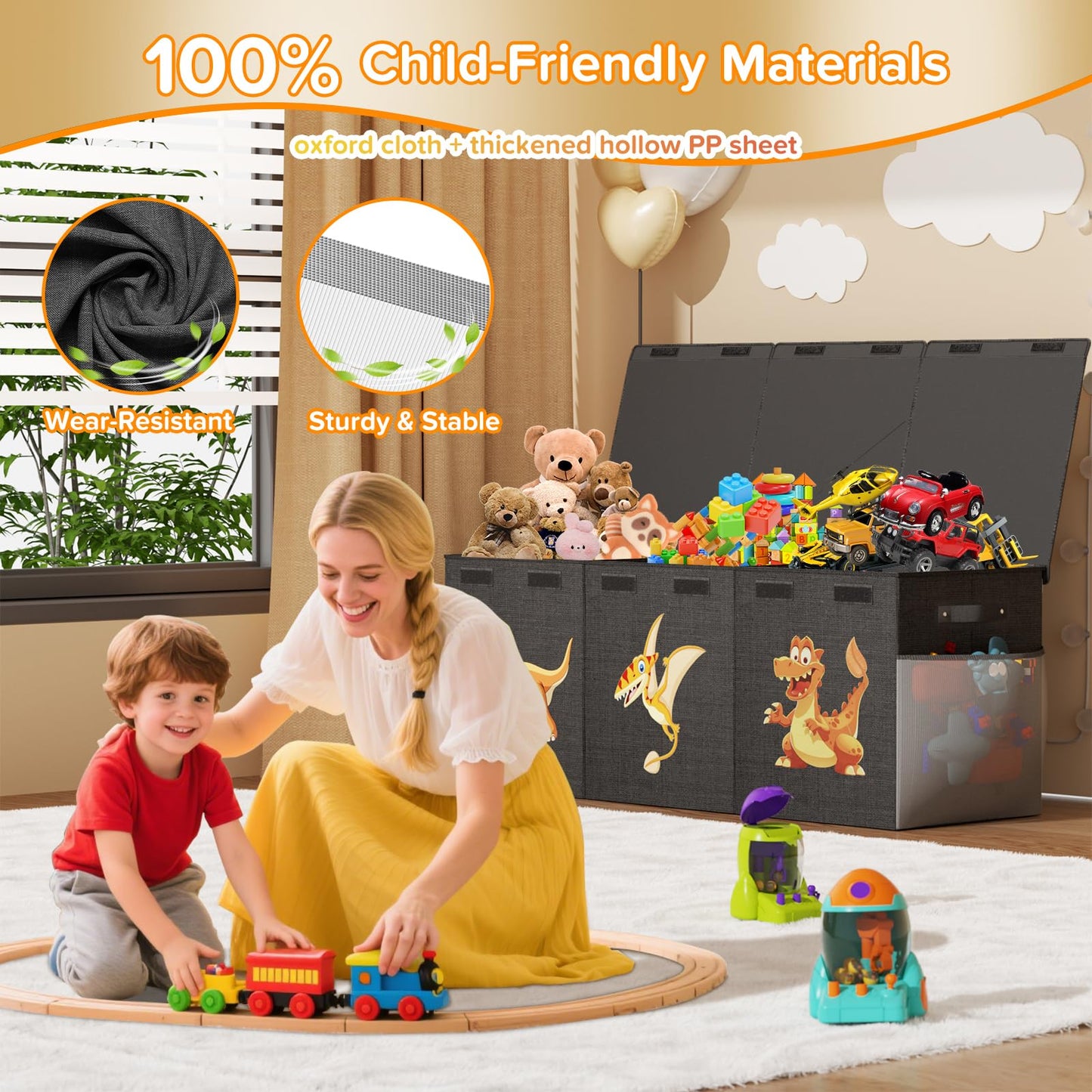 Extra Large Toy Box Chest, Collapsible Sturdy Toy Storage Organizer Boxes Bins Baskets Dinosaur Kids Toy Chest Bin with Lids for Boys Girls Living Room Playroom Bedroom Nursery 41"x14"x16" Black