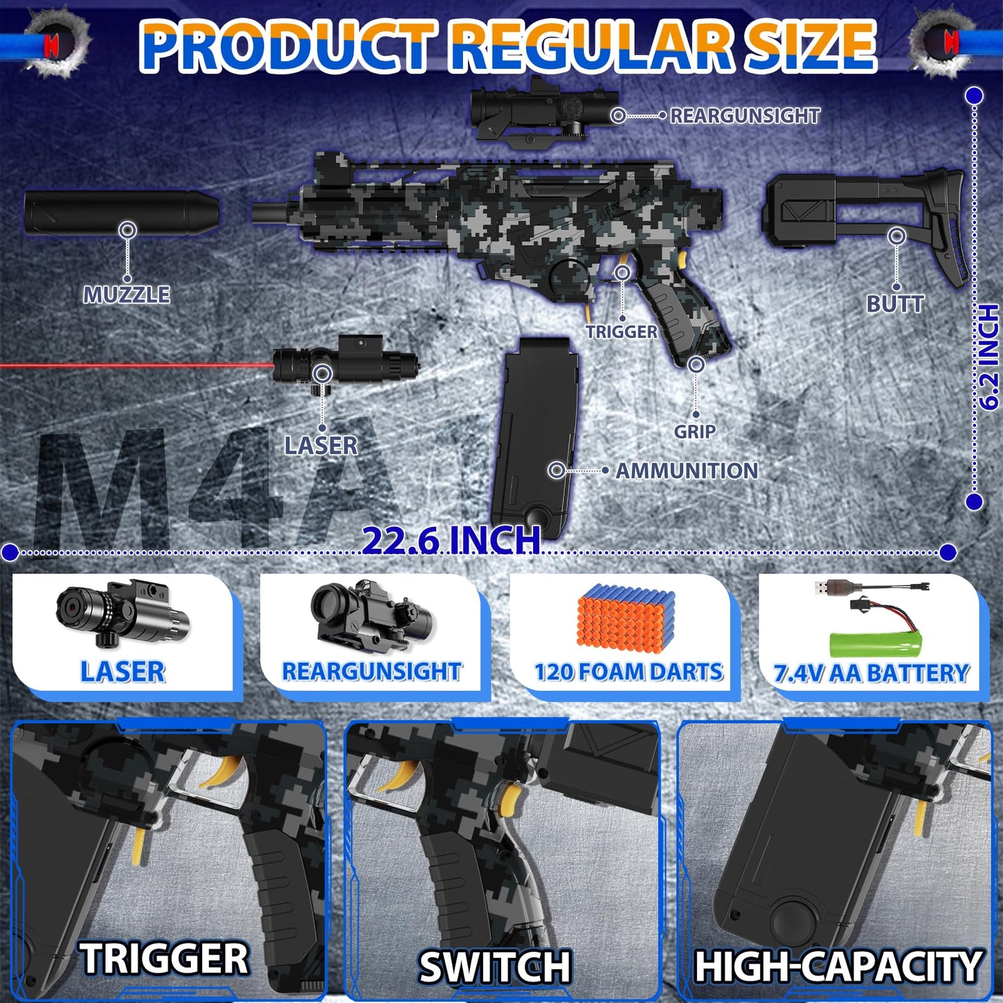 Automatic Toy Foam Blaster Sniper with Scope, Electric Toy Dart Blaster with 120 Foam Darts, Goggles, Air Pocket Technology Outdoor Shooting Game Kids Toys for Ages 8-12 Boys Girls