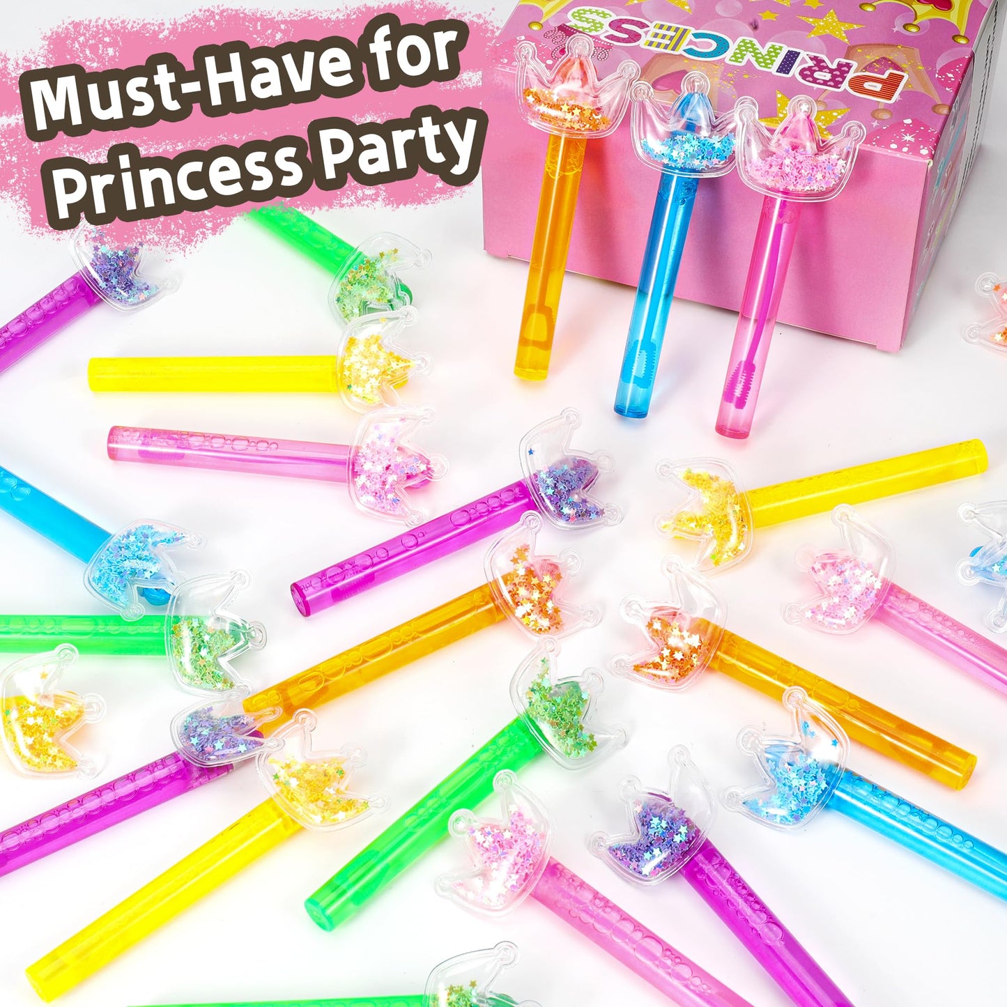 24PCS Glitter Crown Bubble Wands Toys for Kids, Princess Birthday Party Favors Supplies Decorations, Classroom Prizes, Pinata Fillers, Goodie Bag Stuffers Gifts