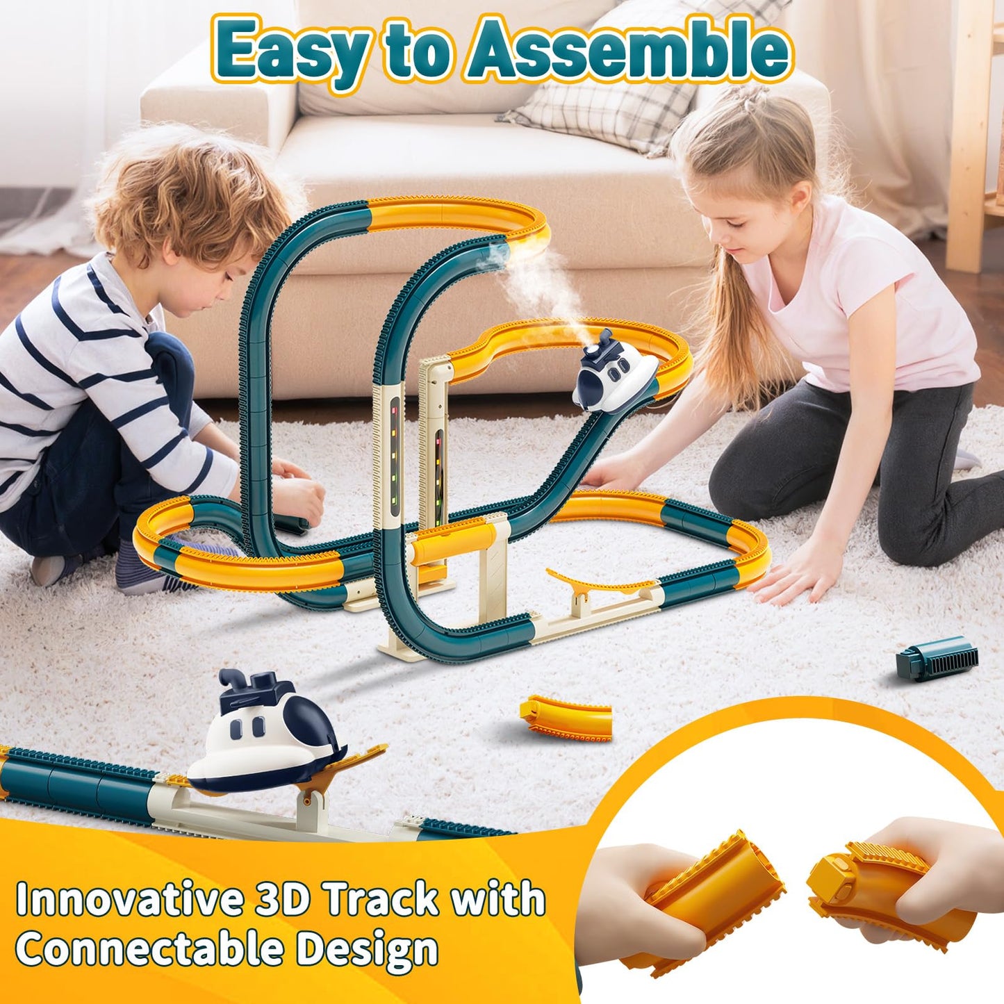 Infowush Electric Race Track Car Toy, DIY Flexible Steam Aircraft Track for Toddlers with Smokes & Lights, Kids Train Set Toys for 3 4 5 6 7 8 Year Old Boys Girls Christmas Birthday Party Gift, Large