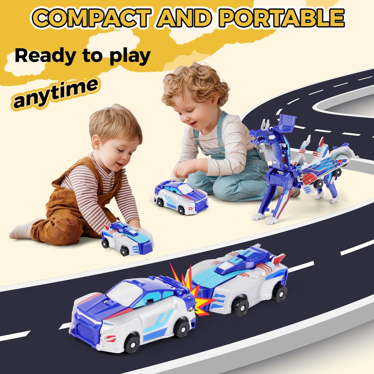 Dahom Collision Transforming Dinosaur Car Toy, 2 Magnetic Cars Transform into Dinosaur Toys for Kids, Boys, Girl, Toddler Fun Deformation Robot Unicorn Car Christmas Birthday Gift Toys (Blue-Dinosaur)