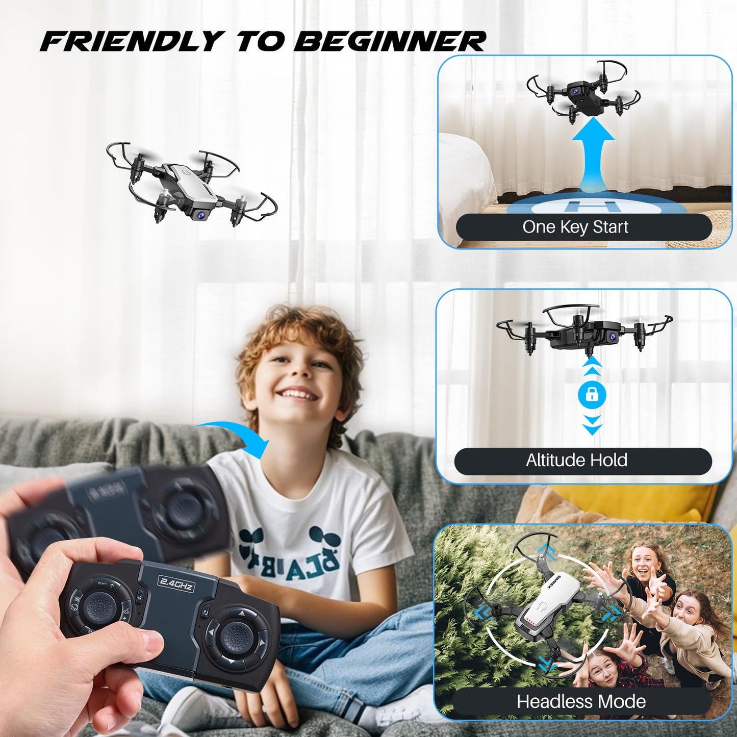 SIMREX Drone With Camera for Kids Adults,Mini RC Quadcopter Foldable,Altitude Hold, 3D Flip, Headless Mode, Gravity Control, 2 Batterie, Gifts for Kids, Adults, Beginner (New White)