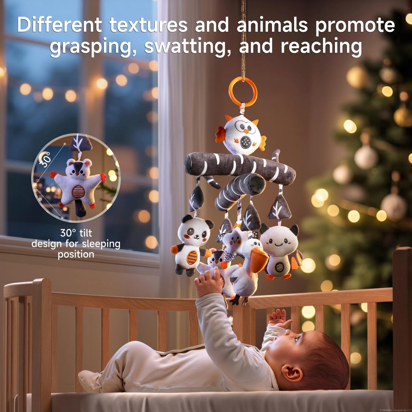 TUMAMA Black and White Baby Crib Stroller Hanging Toys, Cute Plush Animal Baby Crib Mobile Rattle Toy, High Contrast Sensory Baby Toy for 0 3 6 9 to 12 Months