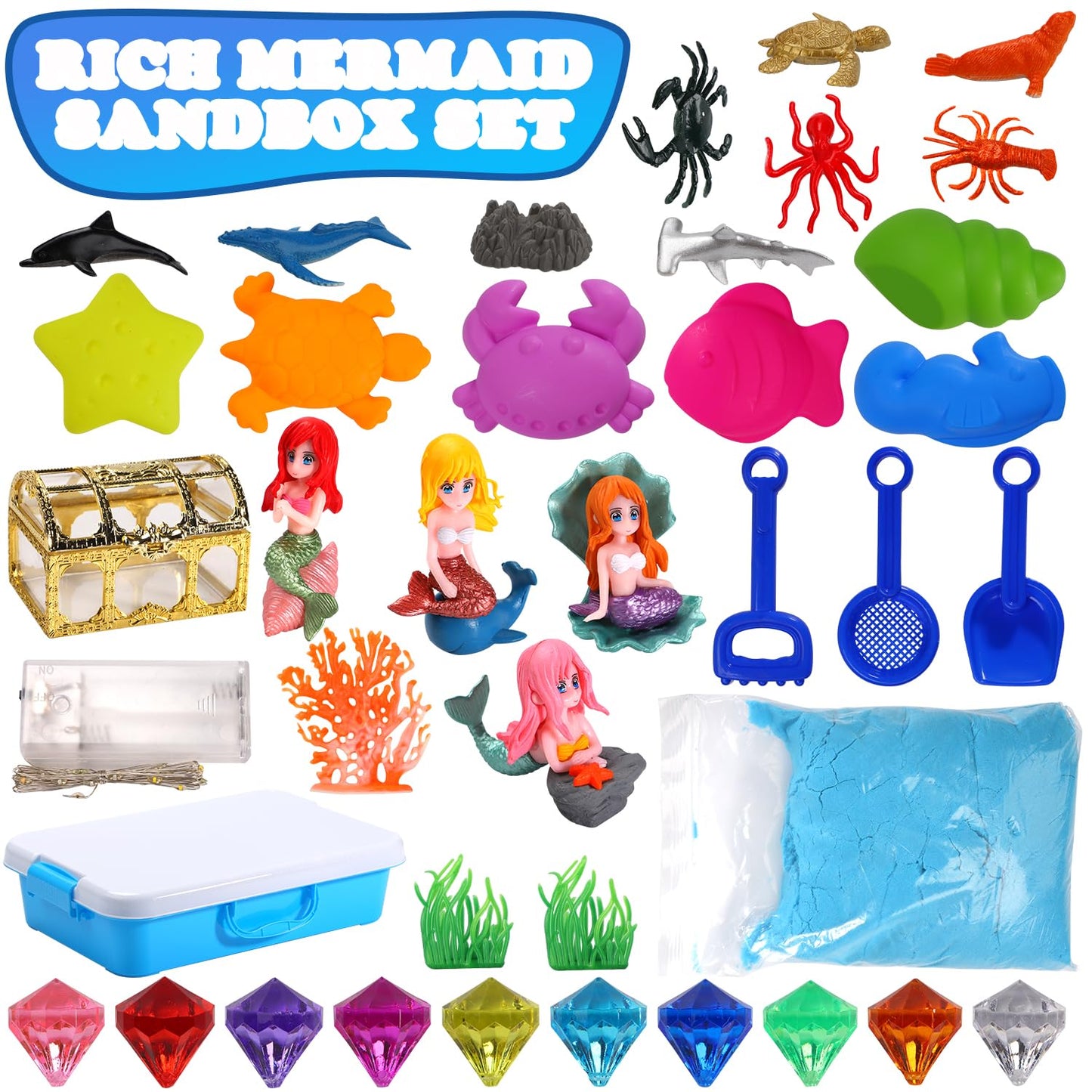 GAIETYDIY Mermaid Sensory Bin for Girl, Magic Sand Art Kit with LED Light, 2.2lbs Sensory Sand, Ocean Sea Animals, Sand Box with lid, Mermaid Toy Christmas Birthday Gift for Girls Ages 3 4 5 6 7 8…