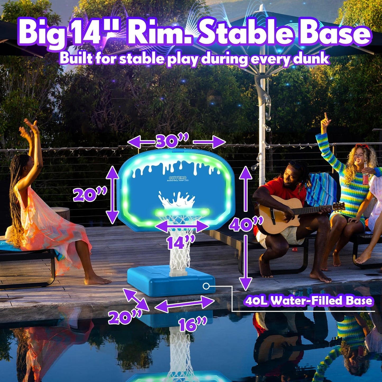OHYEMO LED Pool Basketball Hoop with 3-Way Sprinkler, Oversized Pool Basketball Game Set with 14in LED Rim/2 Glow Balls/Water-Filled Base/Pump, Light Up Pool Games Toys for Teens Adults, Inground Pool