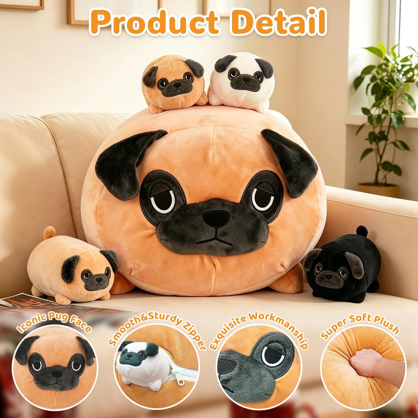 MMguai 16 Inch Large Pug Stuffed Animals with Babies, Mommy Pug Dog with Puppies Inside Belly,Soft French Bulldog Pillow Plush Toy Plushie Gift for Kids Boy Girl, Brithday Decor