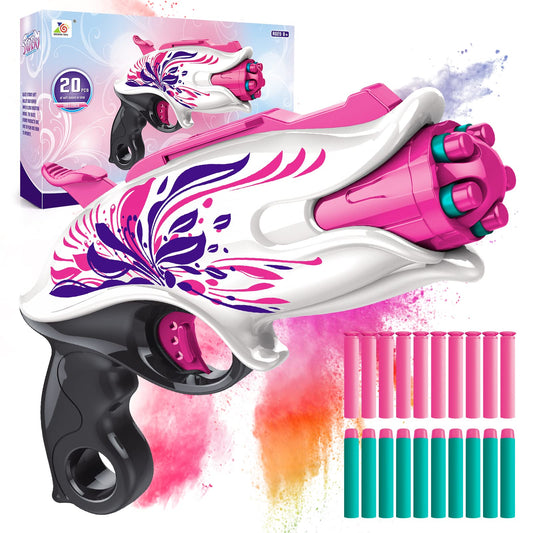Soft Bullet Toy Pink Dart Blaster, 5-Dart Rotating Drum, 20 Darts, Kids Outdoor Toys Xmas Birthday Gifts for Girls Ages 6+ Years Old