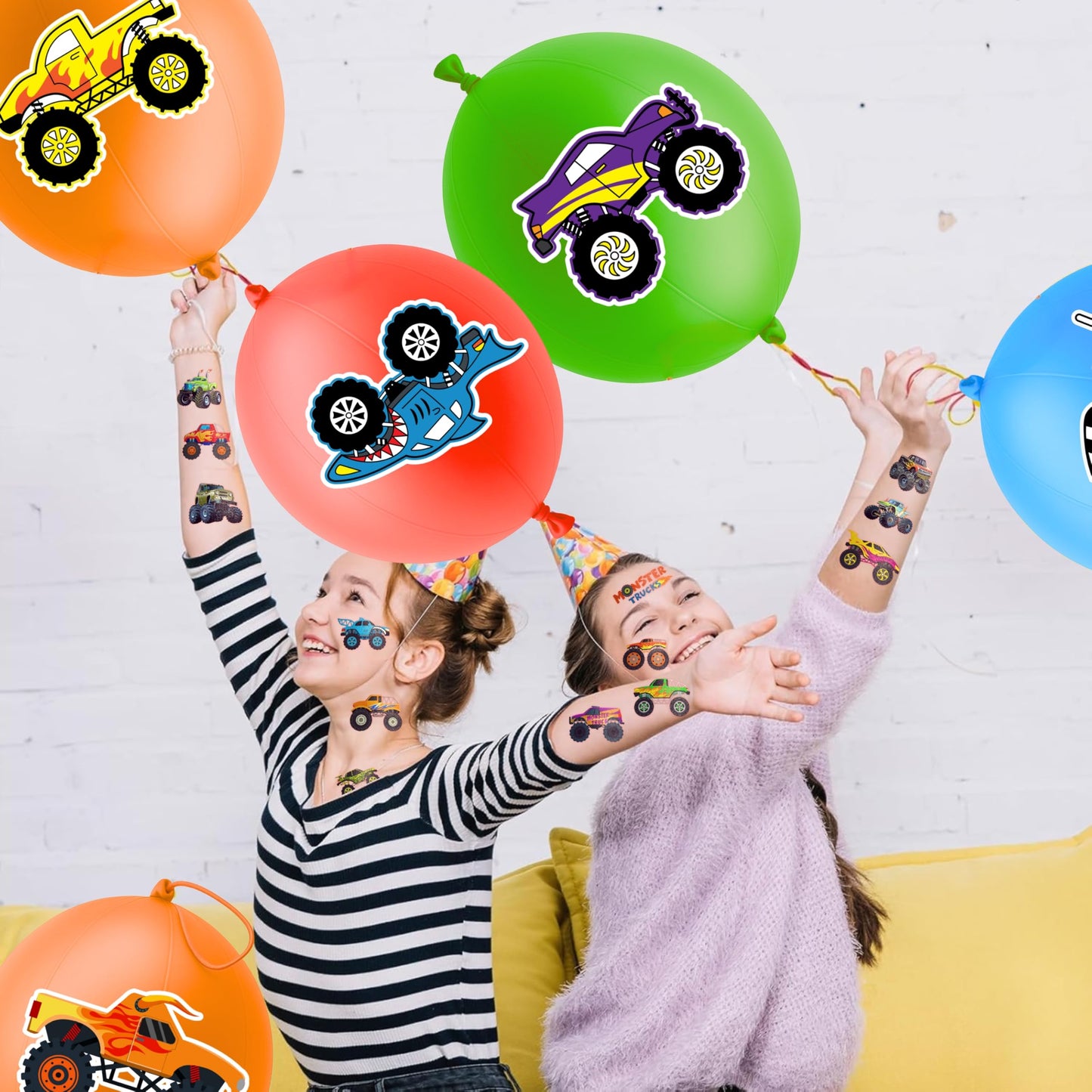 ThuanXuanLoc 72 PCS Monster Truck Party Favors - 48 PCS Temporary Tattoos & 24 PCS Punch Balloons Combo - Birthday Gifts & Goodie Bag Fillers