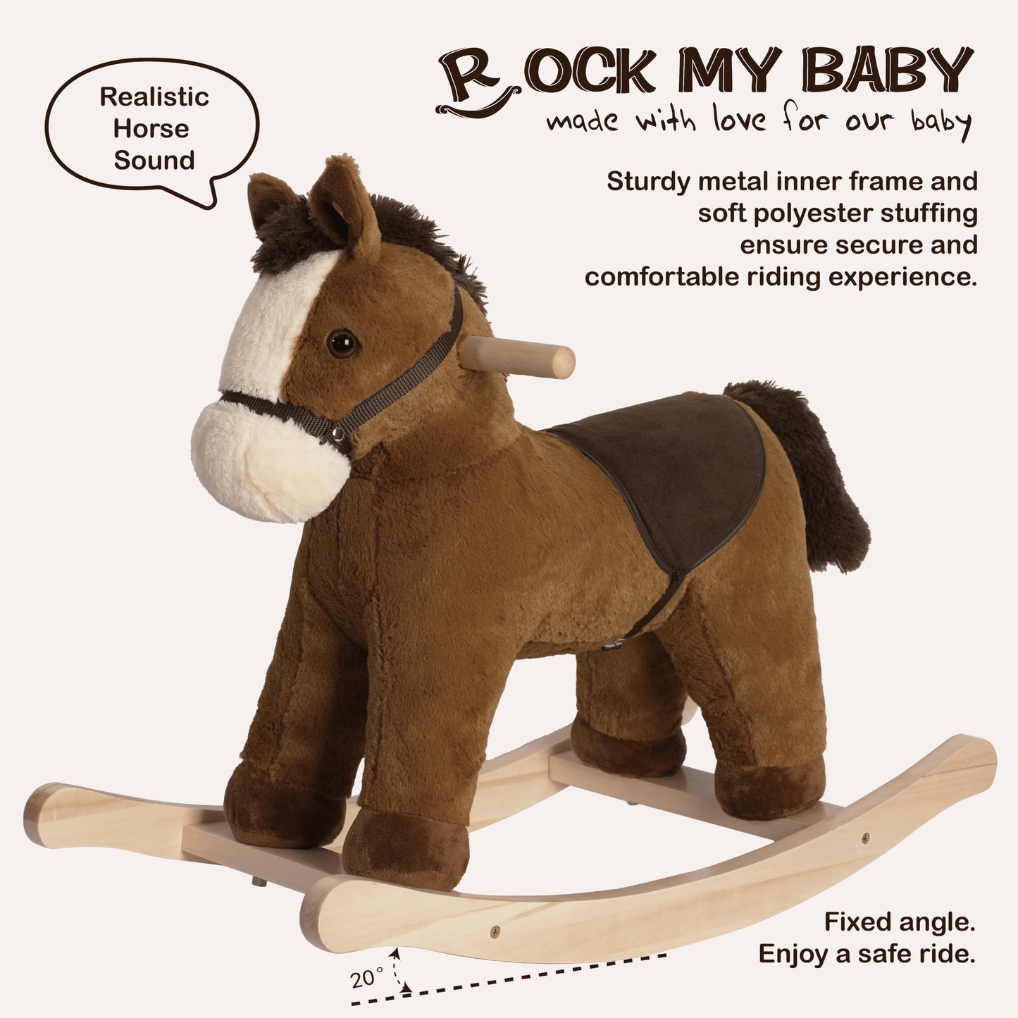 Rock My Baby Rocking Horse, Dark Brown Horse Rocker for Toddlers 18M+, Plush Ride on Horse Toy with Realistic Sound,Soft Stuffed Filling, CPC Certified