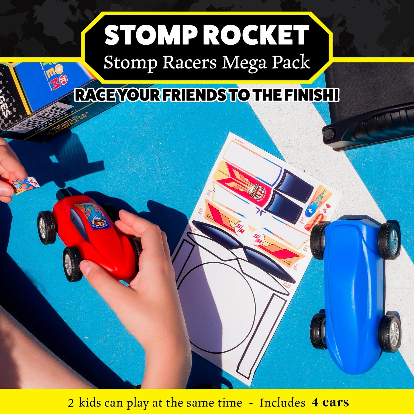 Stomp Racers Air Powered Race Cars by Stomp Rocket, 4 Car Mega Pack - Dueling Stomp Racers Toy Car Launcher - Fun Backyard Outdoor & Indoor Multi-Player Kids Toys Gifts for Boys, Girls & Toddlers
