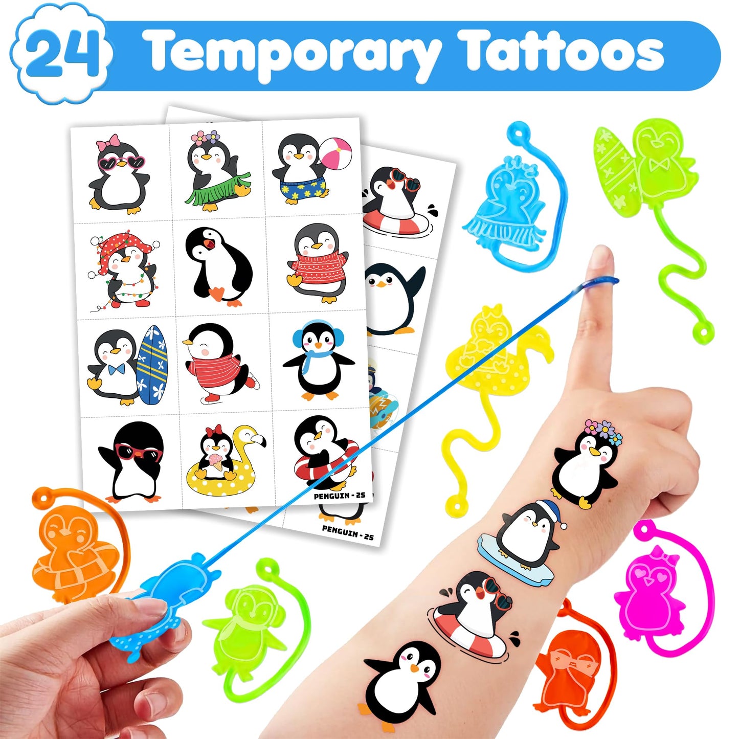 48PCS Penguin Party Favors - 24 Temporary Tattoos + 24 Stick Hands - Perfect Birthday Favors, Goodie Bag Stuffers, Treasure Box Toys, Classroom Prizes, and Student Gifts