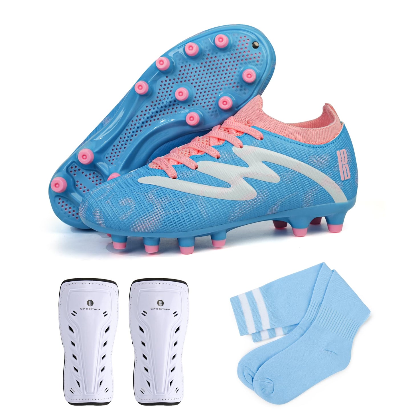 brooman Kids Firm Ground Soccer Cleats Boys Girls Football Shoes with Shin Guards and Soccer Socks (5,Blue Pink)