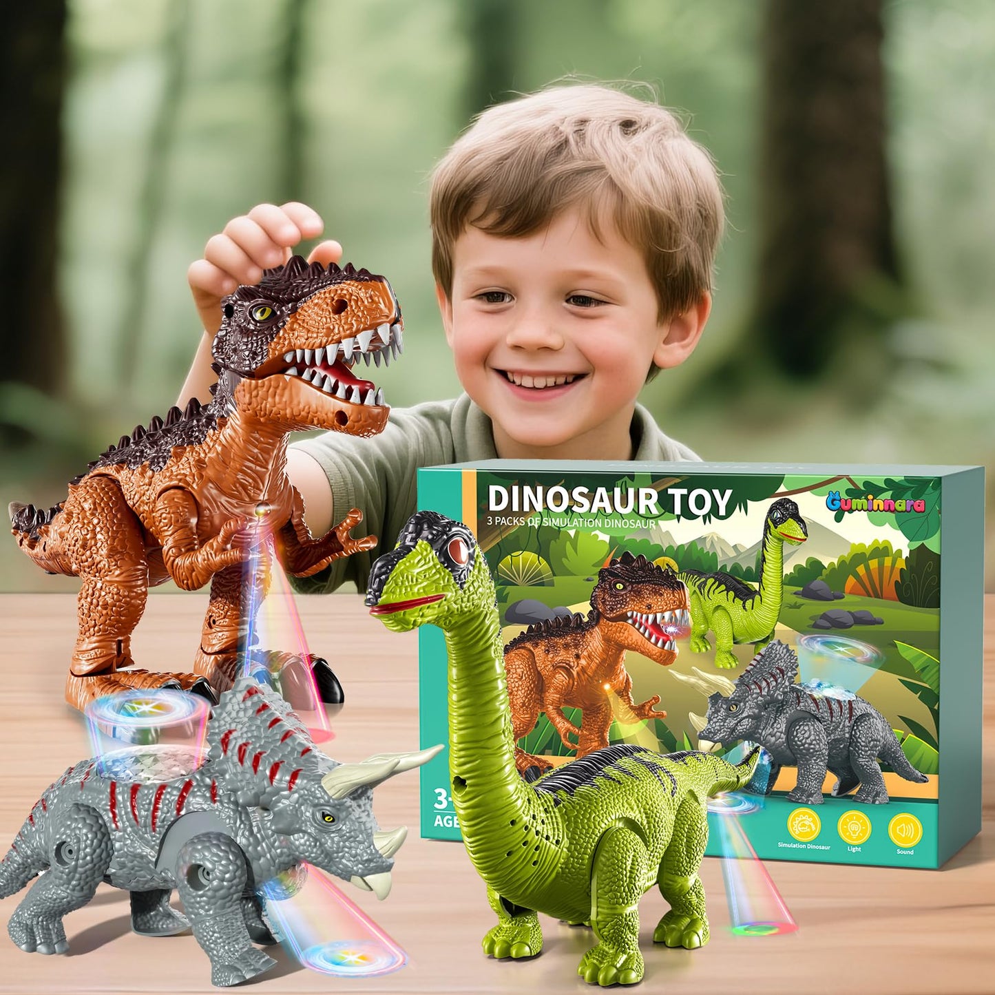 3 Pack Walking Dinosaur Toys for Kids 3-5 5-7 Years Old, Simulated Tyrannosaurus Brachiosaurus Triceratops with Sound & Light, Birthday Gifts Dino Toy for Toddlers Boys Girls 3 4 5 6 7 8 Years