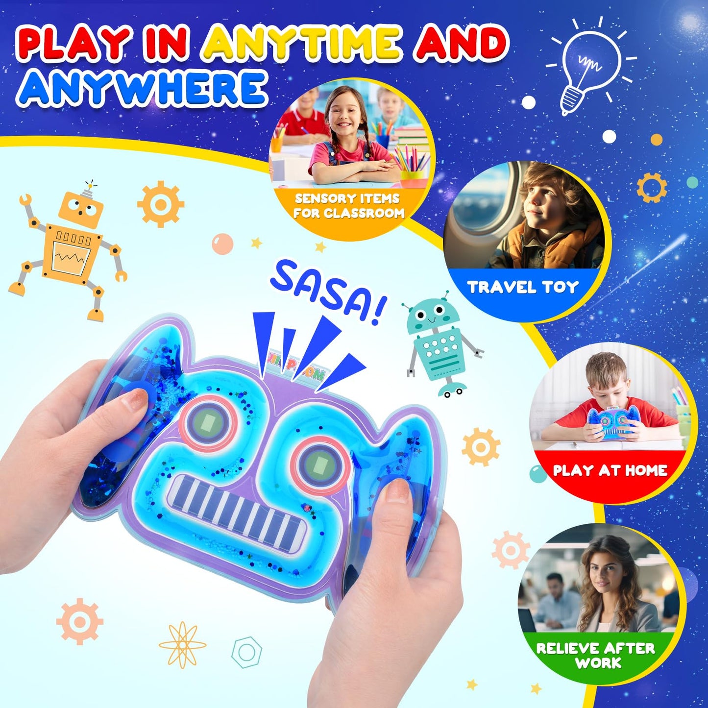 UIIOPJIOM 2PC Autism Sensory Toys Easter Basket Stuffers for Boys, ADHD Autistic Airplane Travel Toys, Cool Squishy Robot Fidget Tube Stress Relief Toy for Classroom (Blue&Yellow)