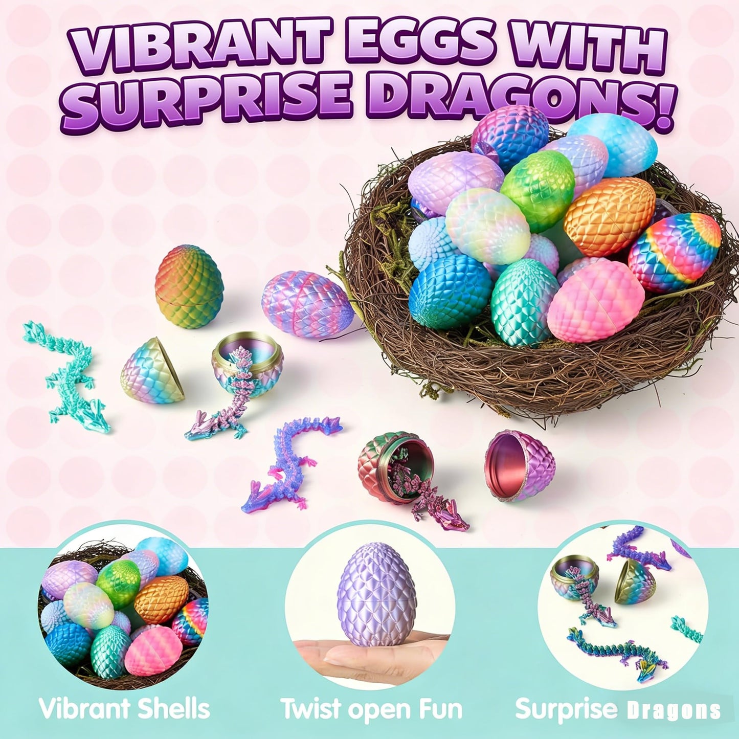 36PCS 3D Printed Dragon Eggs with Dragon Inside, Mystery Articulated Crystal Dragon Toy Bulk, Flexible Fidget Figures for Kids Party Favors, Christmas Easter Basket Stuffers, Birthday Gifts Kids Teens