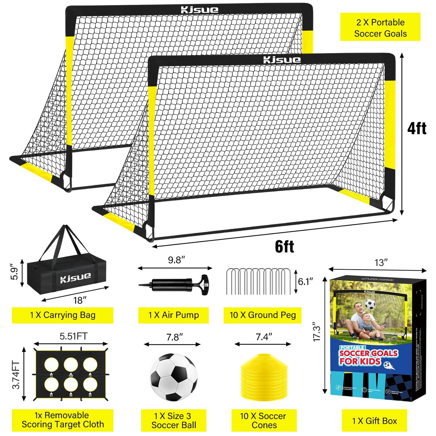 Kids Soccer Goal for Backyard Set - 2 of 6x4 ft Soccer Goals Net Training Equipment, Soccer Nets for Kids Age 3-5 6-8 8-10 10-12, Ball, Targets for Toddler Kid Youth Soccer Games Sports Outdoor Play